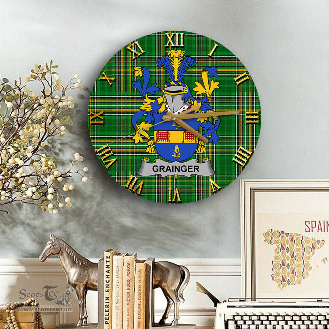 ScotsTee Shop Irish Grainger Coat of Arms Family Crest Ireland Wooden Wall Clock Irish National Tartan Irish County Wall Clocks