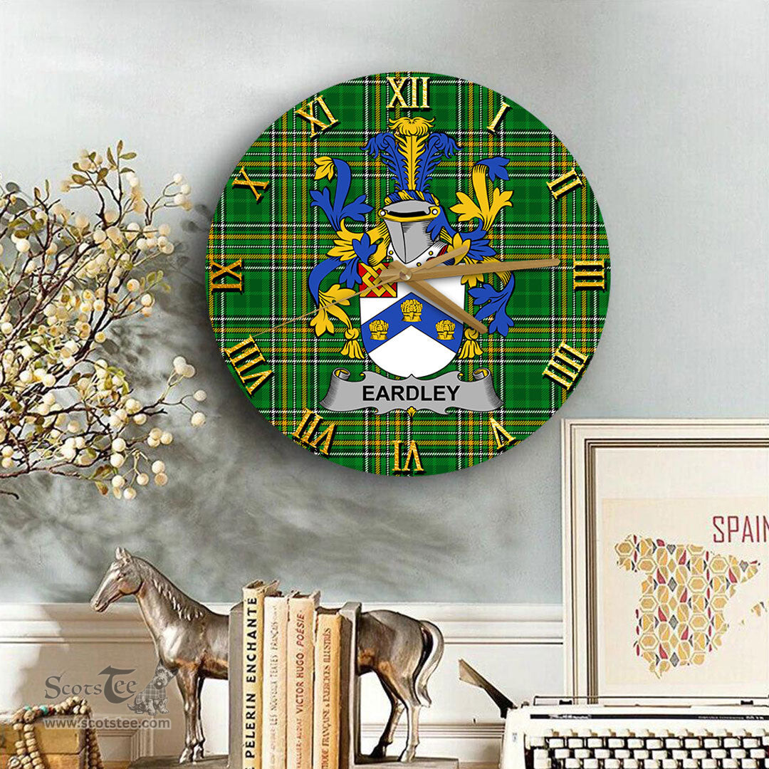 ScotsTee Shop Irish Eardley Coat of Arms Family Crest Ireland Wooden Wall Clock Irish National Tartan Irish County Wall Clocks