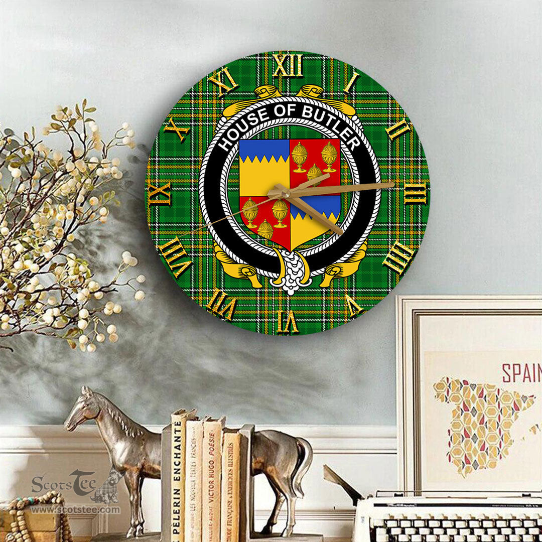 ScotsTee Shop Irish House of BUTLER Coat of Arms Family Crest Ireland Wooden Wall Clock Irish National Tartan Irish County Wall Clocks