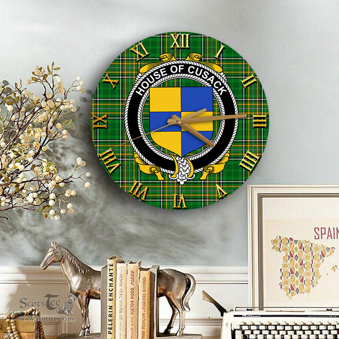 ScotsTee Shop Irish House of CUSACK Coat of Arms Family Crest Ireland Wooden Wall Clock Irish National Tartan Irish County Wall Clocks