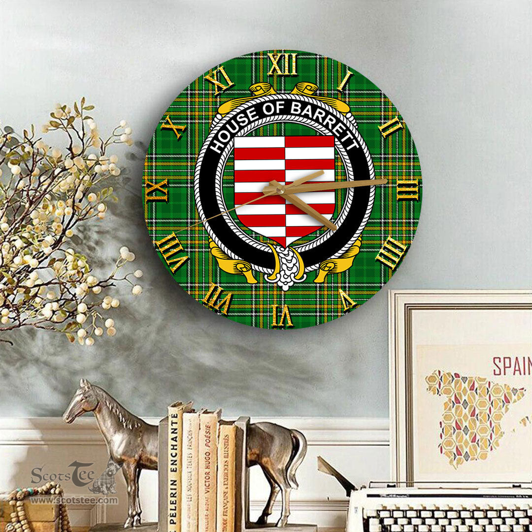 ScotsTee Shop Irish House of BARRETT Coat of Arms Family Crest Ireland Wooden Wall Clock Irish National Tartan Irish County Wall Clocks