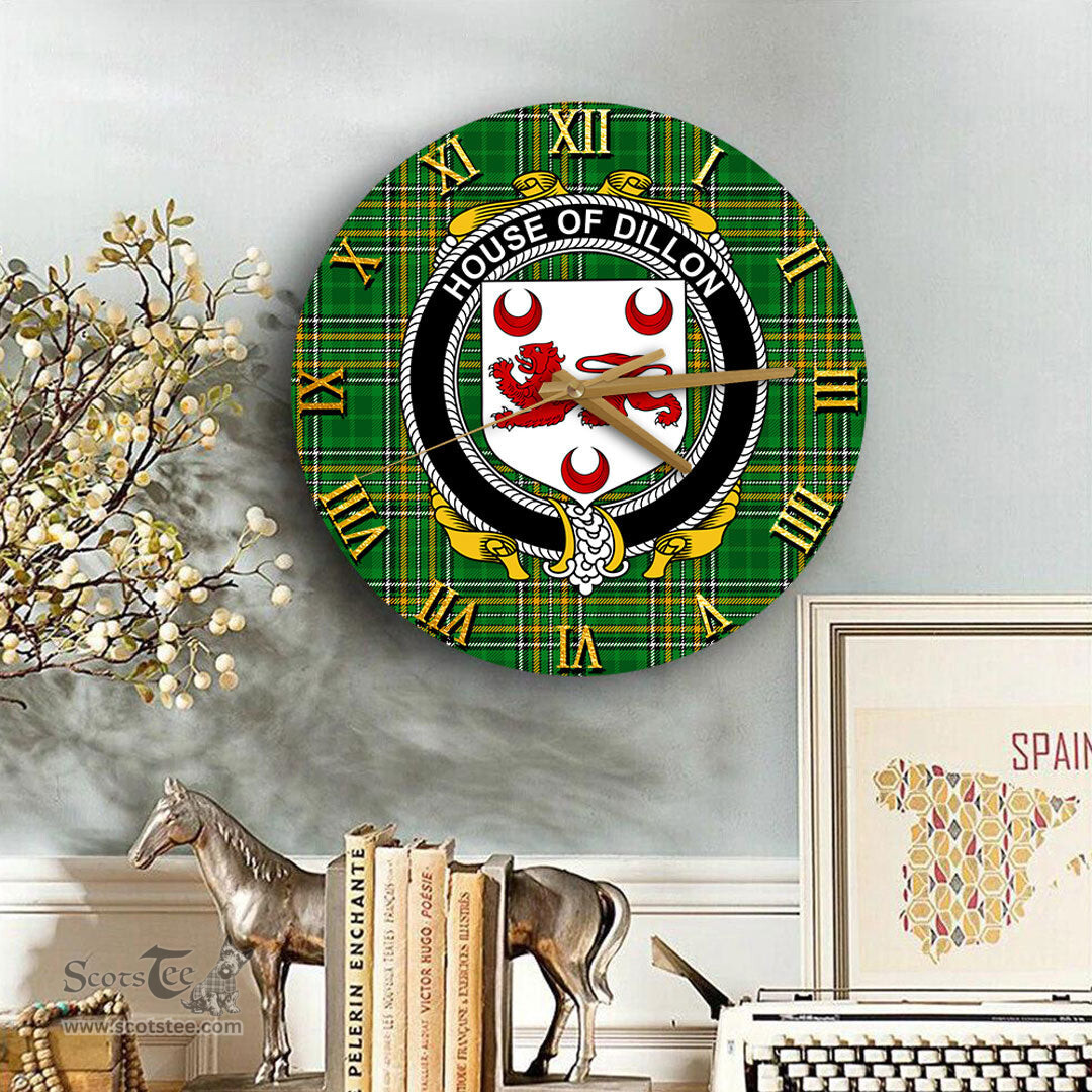 ScotsTee Shop Irish House of DILLON Coat of Arms Family Crest Ireland Wooden Wall Clock Irish National Tartan Irish County Wall Clocks