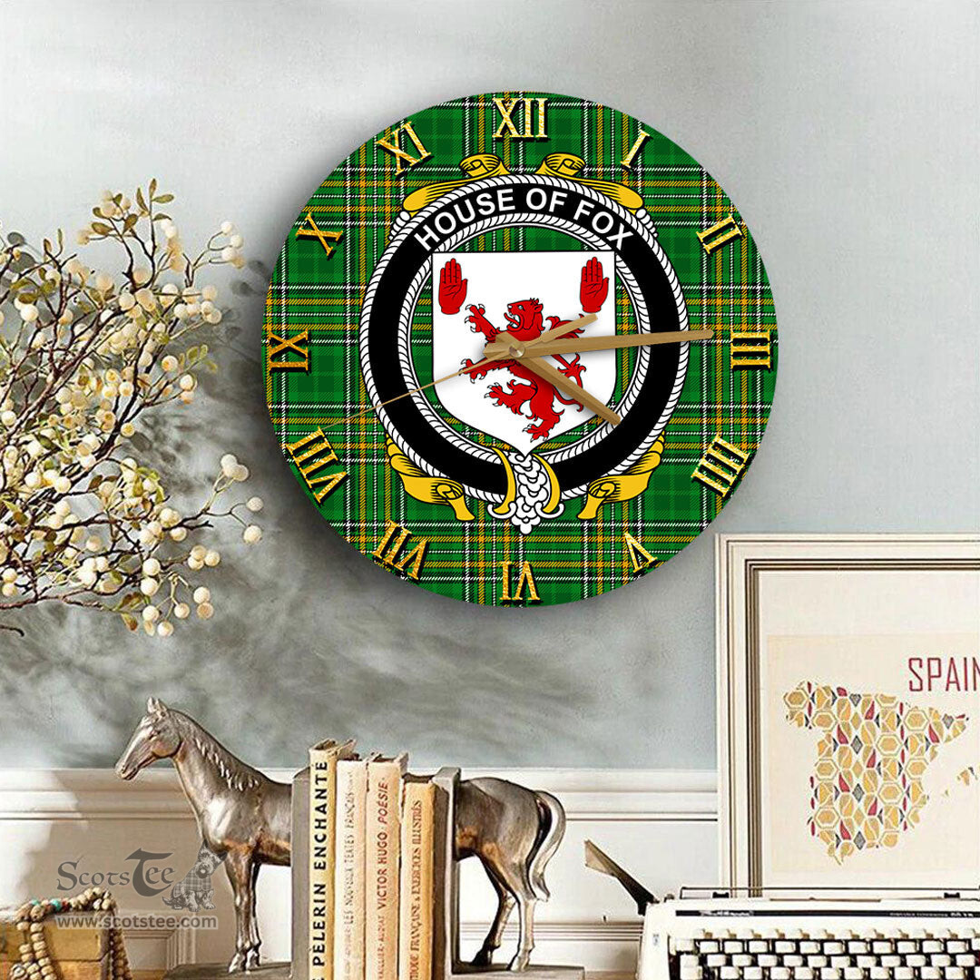 ScotsTee Shop Irish House of FOX Coat of Arms Family Crest Ireland Wooden Wall Clock Irish National Tartan Irish County Wall Clocks
