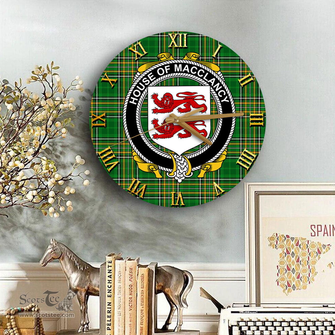 ScotsTee Shop Irish House of MACCLANCY Coat of Arms Family Crest Ireland Wooden Wall Clock Irish National Tartan Irish County Wall Clocks