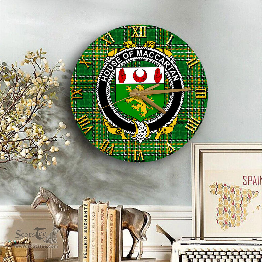 ScotsTee Shop Irish House of MACCARTAN Coat of Arms Family Crest Ireland Wooden Wall Clock Irish National Tartan Irish County Wall Clocks
