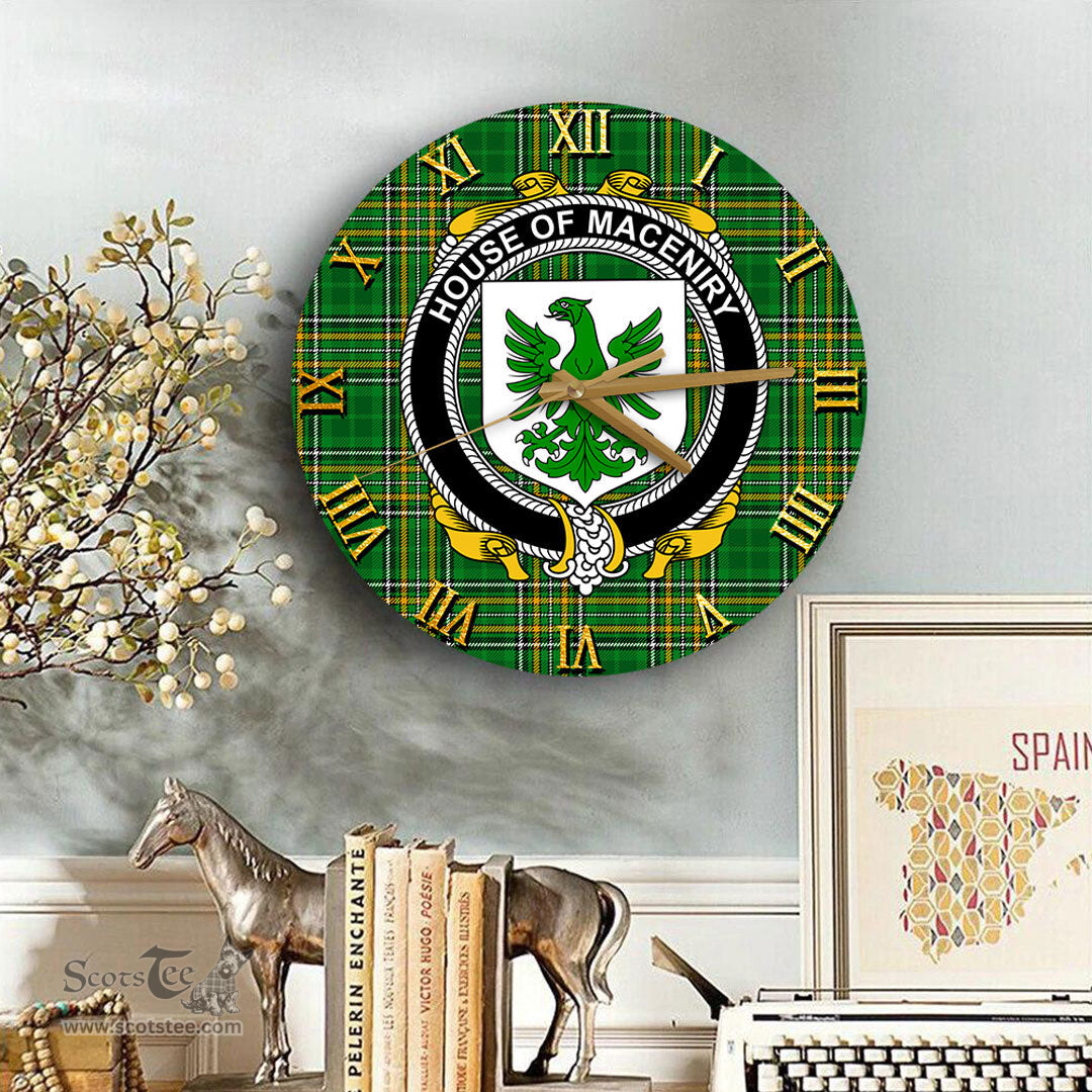 ScotsTee Shop Irish House of MACENIRY Coat of Arms Family Crest Ireland Wooden Wall Clock Irish National Tartan Irish County Wall Clocks
