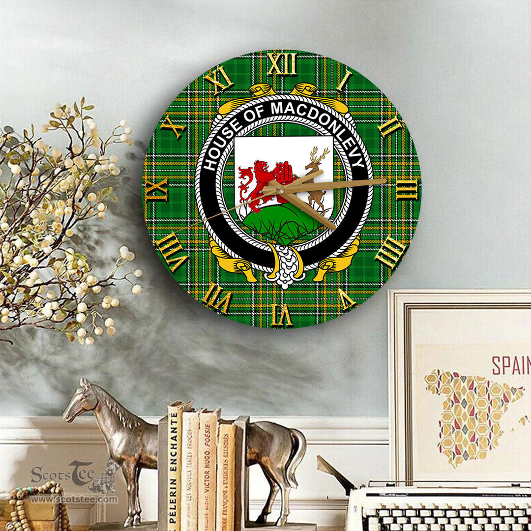 ScotsTee Shop Irish House of MACDONLEVY Coat of Arms Family Crest Ireland Wooden Wall Clock Irish National Tartan Irish County Wall Clocks