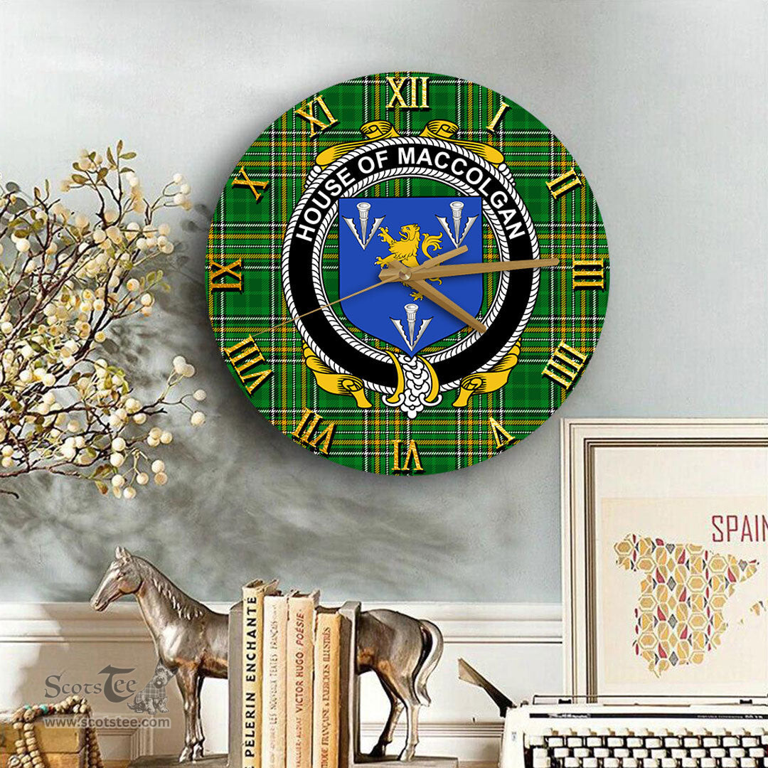 ScotsTee Shop Irish House of MACCOLGAN Coat of Arms Family Crest Ireland Wooden Wall Clock Irish National Tartan Irish County Wall Clocks