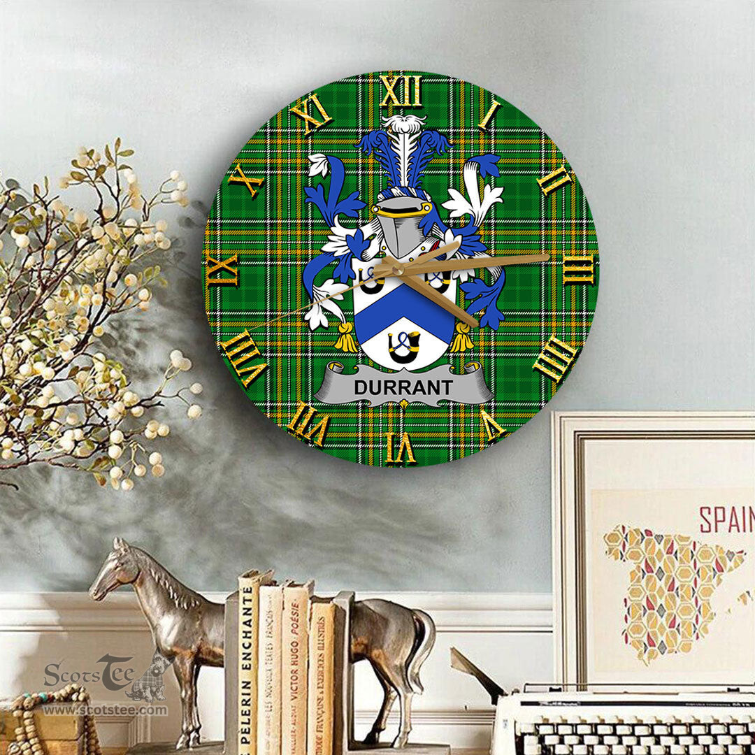 ScotsTee Shop Irish Durrant Coat of Arms Family Crest Ireland Wooden Wall Clock Irish National Tartan Irish County Wall Clocks