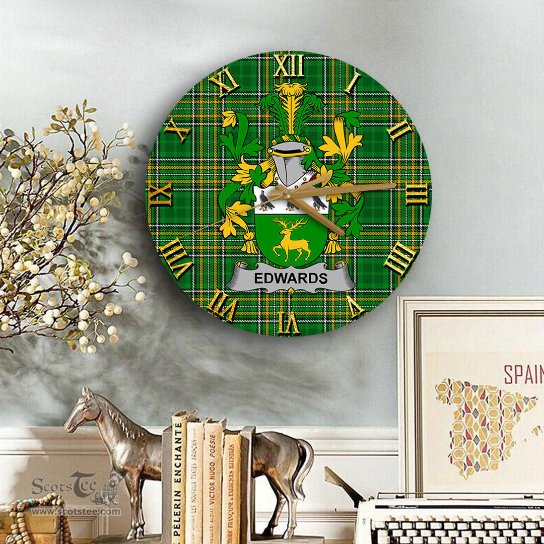 ScotsTee Shop Irish Edwards Coat of Arms Family Crest Ireland Wooden Wall Clock Irish National Tartan Irish County Wall Clocks
