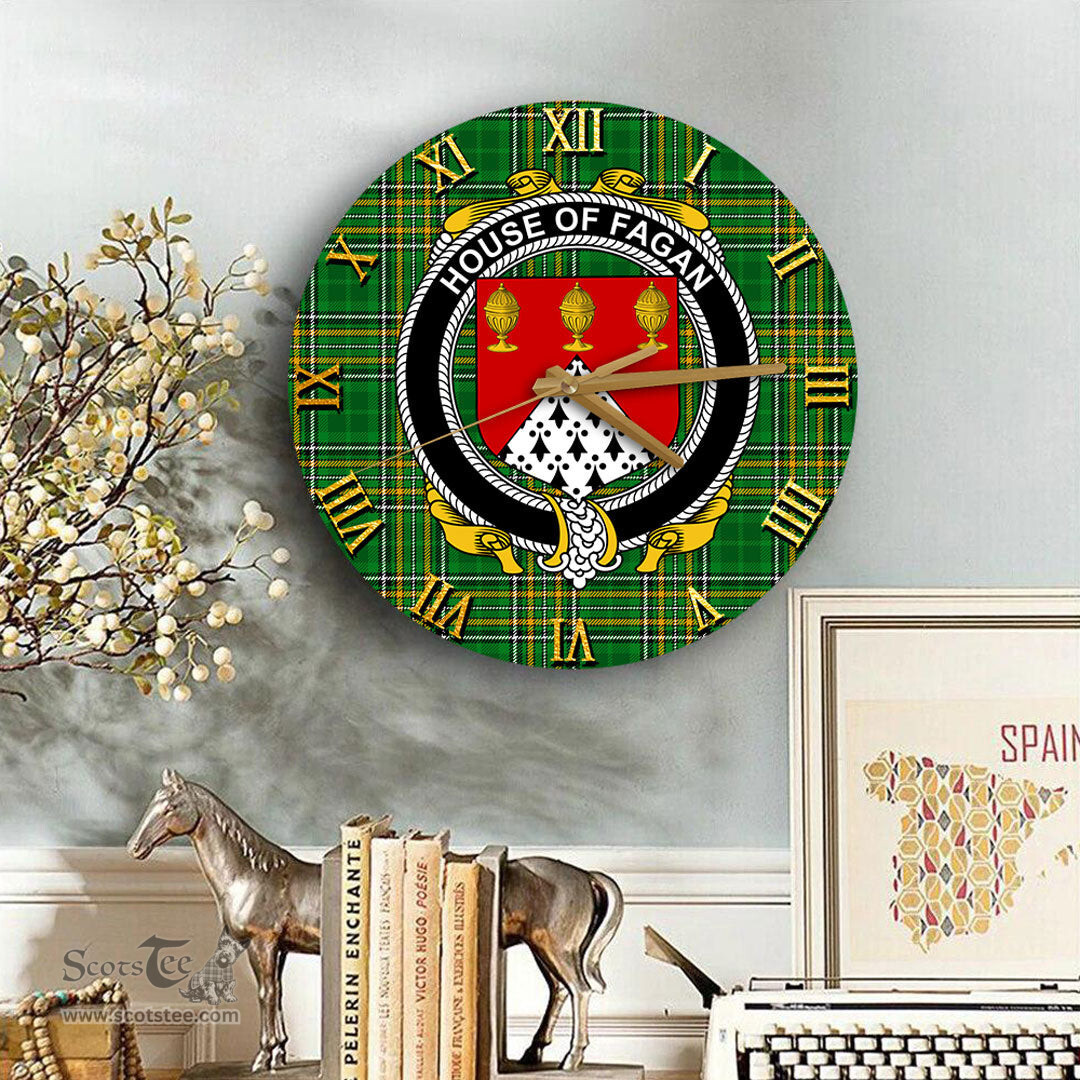 ScotsTee Shop Irish House of FAGAN Coat of Arms Family Crest Ireland Wooden Wall Clock Irish National Tartan Irish County Wall Clocks