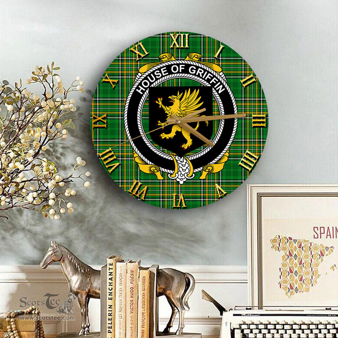ScotsTee Shop Irish House of GRIFFIN Coat of Arms Family Crest Ireland Wooden Wall Clock Irish National Tartan Irish County Wall Clocks