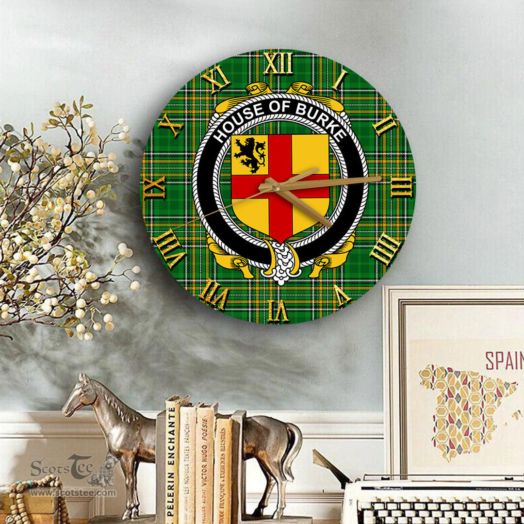 ScotsTee Shop Irish House of BURKE Coat of Arms Family Crest Ireland Wooden Wall Clock Irish National Tartan Irish County Wall Clocks