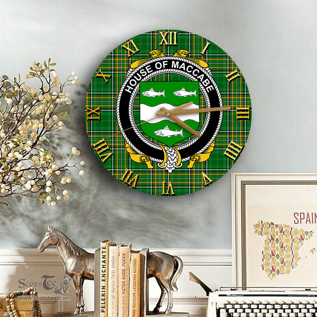 ScotsTee Shop Irish House of MACCABE Coat of Arms Family Crest Ireland Wooden Wall Clock Irish National Tartan Irish County Wall Clocks