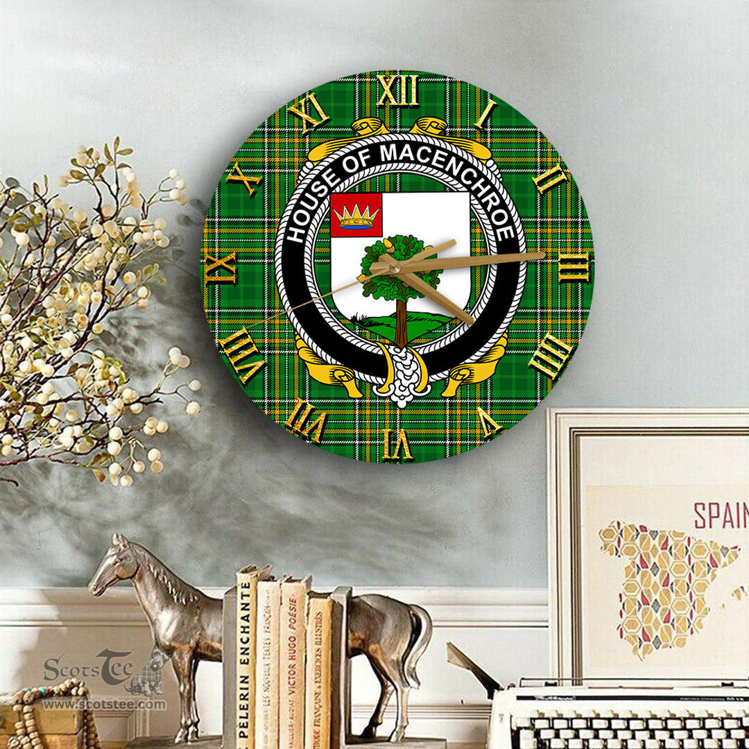 ScotsTee Shop Irish House of MACENCHROE Coat of Arms Family Crest Ireland Wooden Wall Clock Irish National Tartan Irish County Wall Clocks