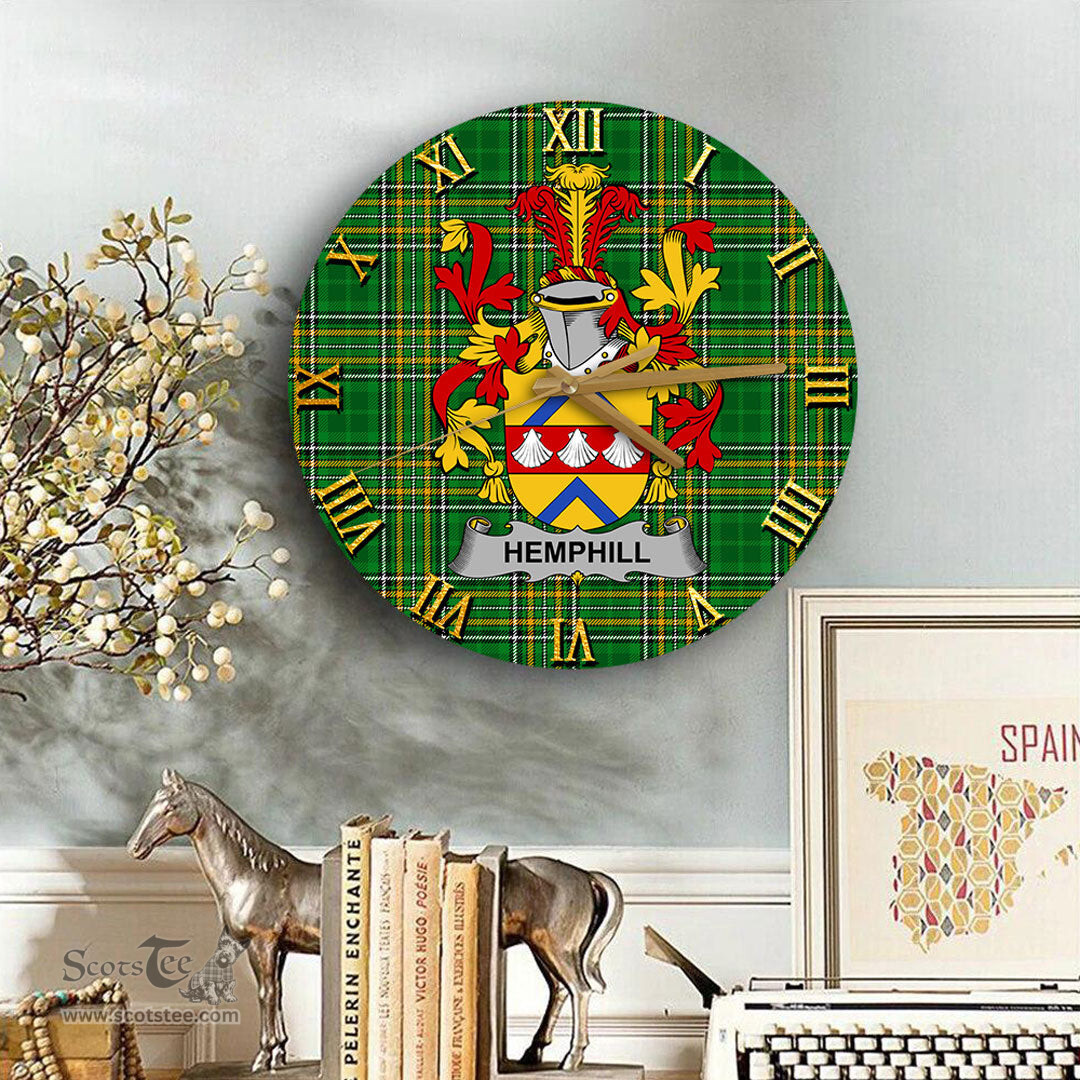 ScotsTee Shop Irish Hemphill Coat of Arms Family Crest Ireland Wooden Wall Clock Irish National Tartan Irish County Wall Clocks