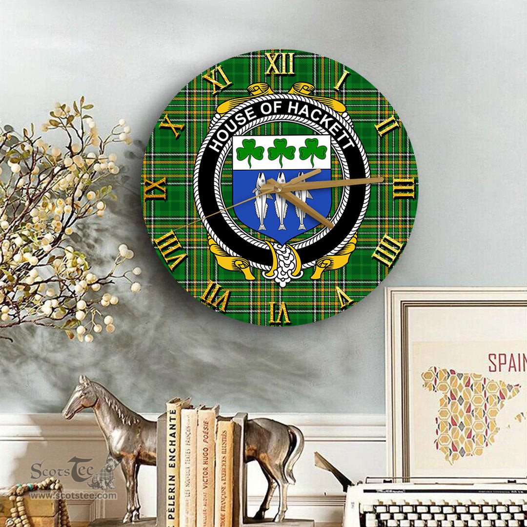 ScotsTee Shop Irish House of HACKETT Coat of Arms Family Crest Ireland Wooden Wall Clock Irish National Tartan Irish County Wall Clocks