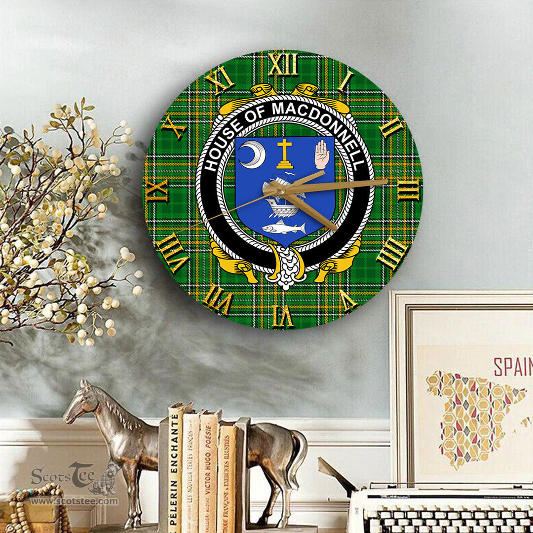 ScotsTee Shop Irish House of MACDONNELL Clare and Connacht Coat of Arms Family Crest Ireland Wooden Wall Clock Irish National Tartan Irish County Wall Clocks