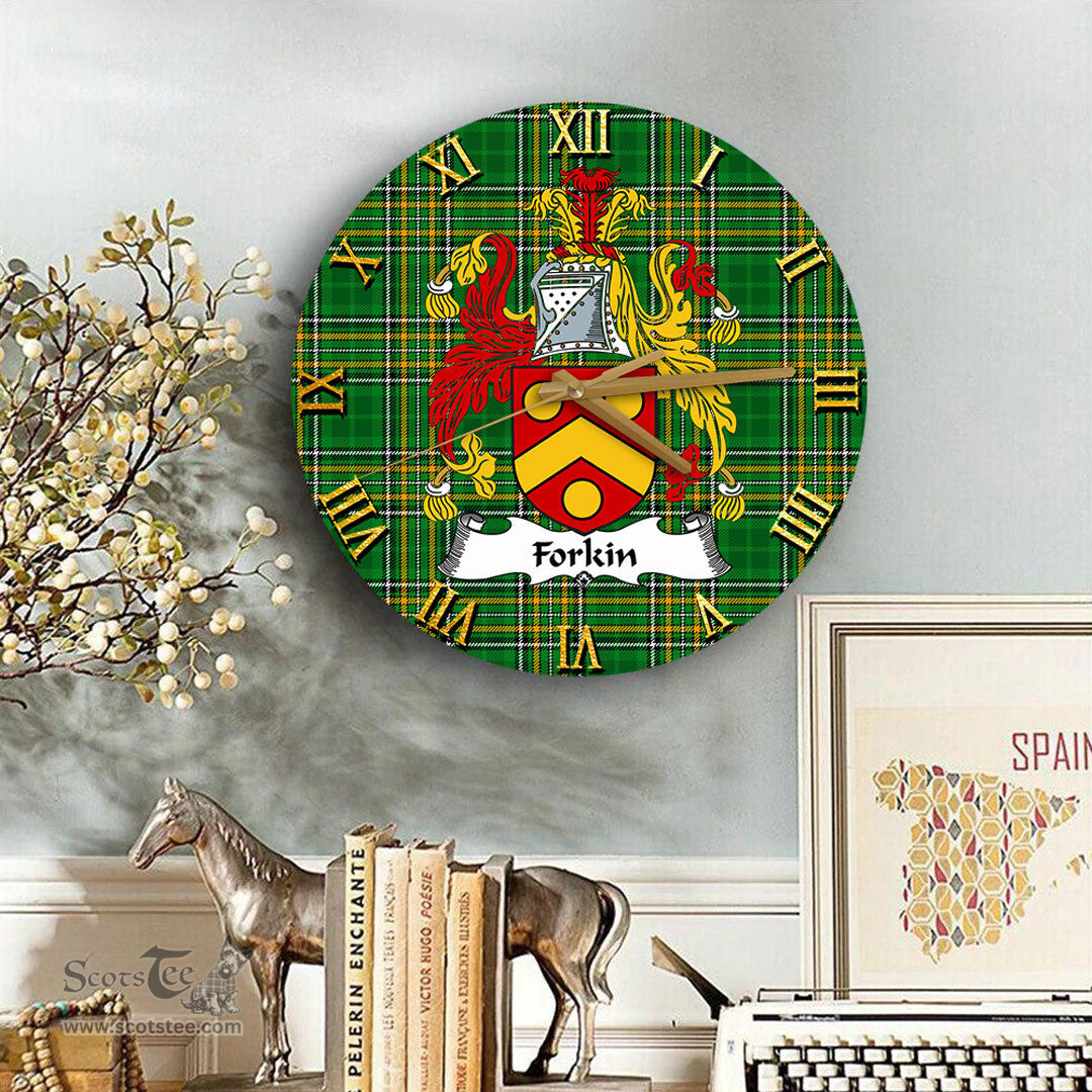 ScotsTee Shop Irish Forkin Coat of Arms Family Crest Ireland Wooden Wall Clock Irish National Tartan Irish County Wall Clocks