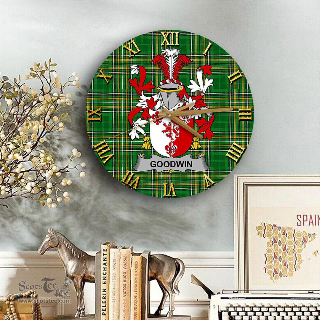 ScotsTee Shop Irish Goodwin Coat of Arms Family Crest Ireland Wooden Wall Clock Irish National Tartan Irish County Wall Clocks