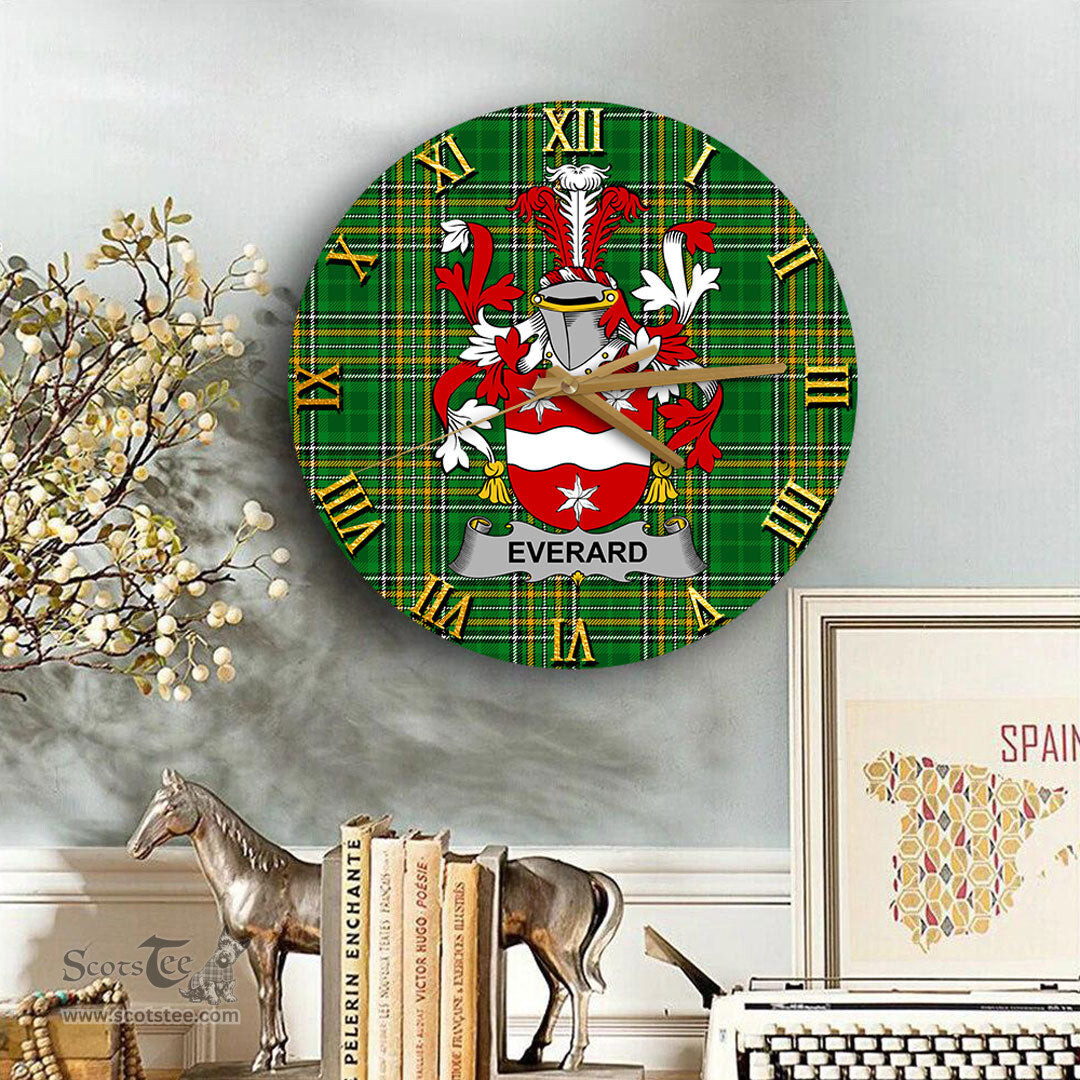 ScotsTee Shop Irish Everard Coat of Arms Family Crest Ireland Wooden Wall Clock Irish National Tartan Irish County Wall Clocks