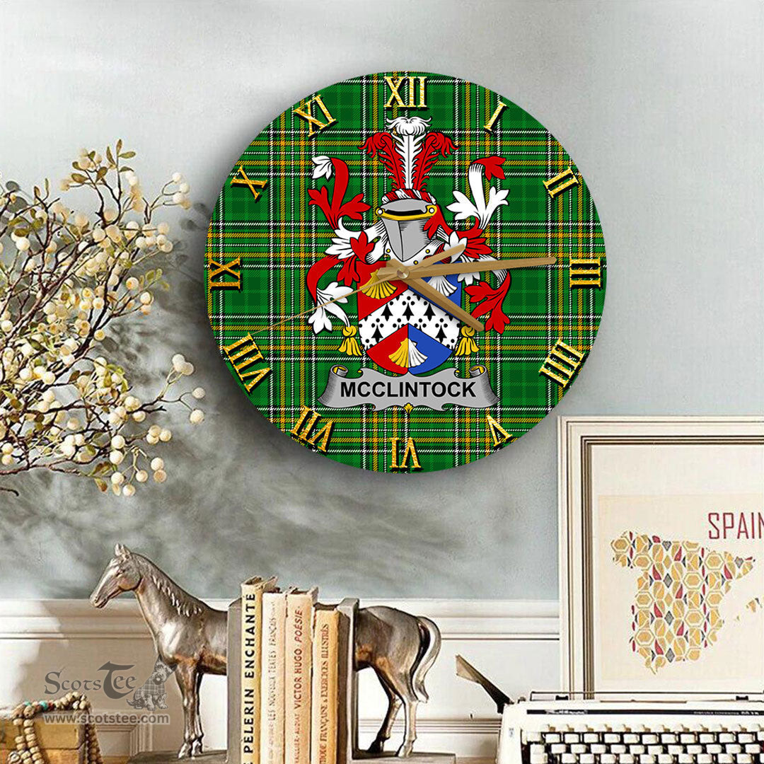 ScotsTee Shop Irish McClintock Coat of Arms Family Crest Ireland Wooden Wall Clock Irish National Tartan Irish County Wall Clocks