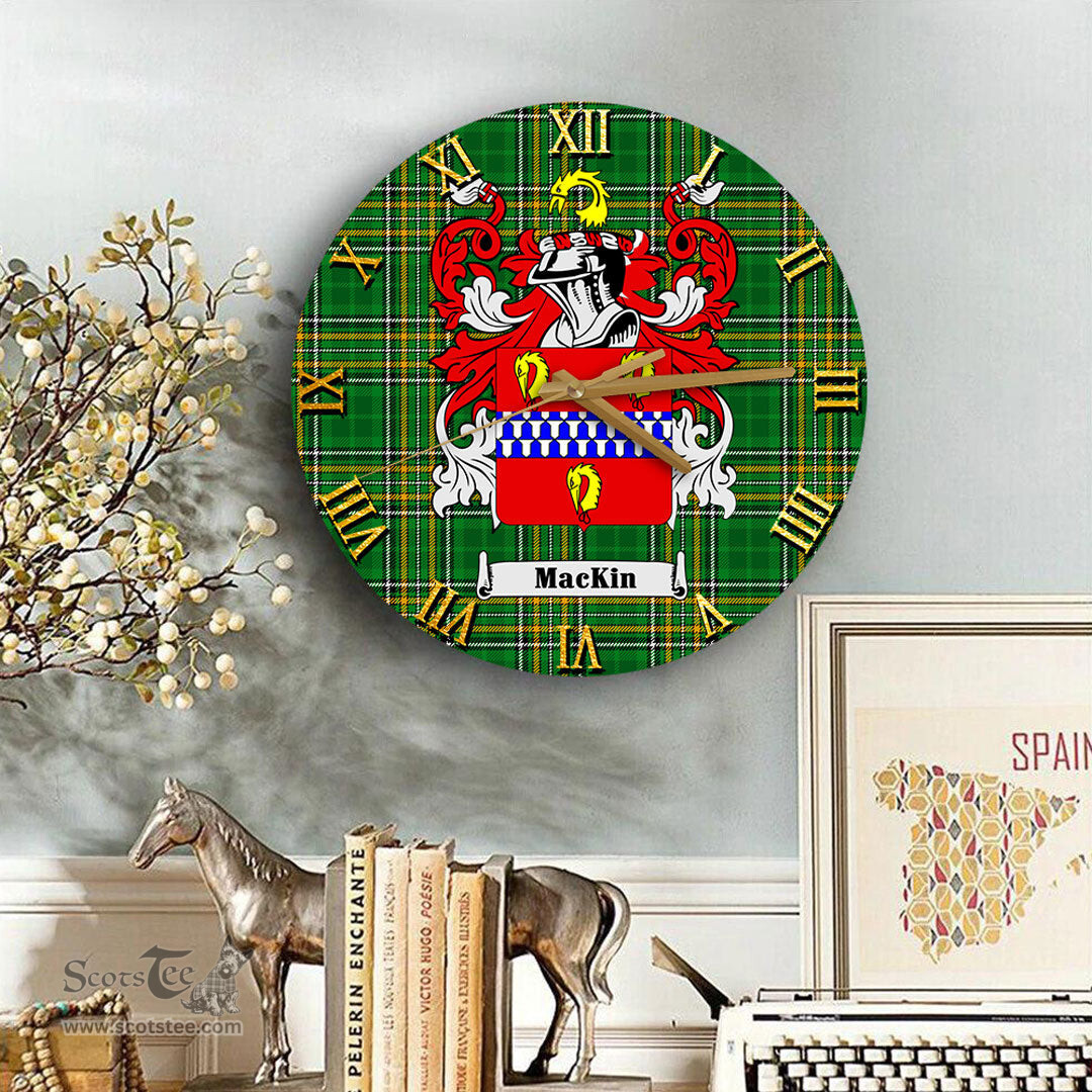 ScotsTee Shop Irish Mackin Coat of Arms Family Crest Ireland Wooden Wall Clock Irish National Tartan Irish County Wall Clocks