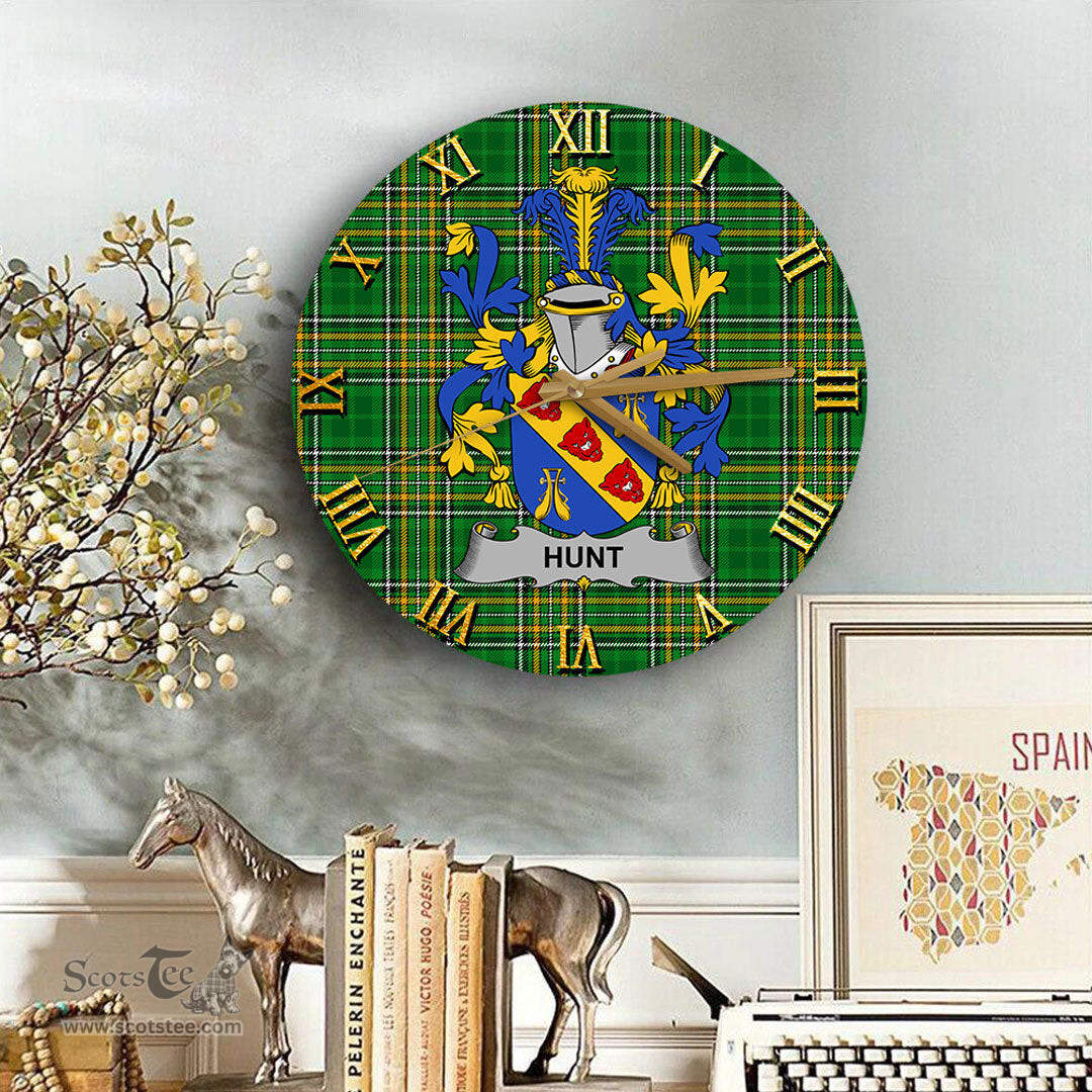 ScotsTee Shop Irish Hunt Coat of Arms Family Crest Ireland Wooden Wall Clock Irish National Tartan Irish County Wall Clocks