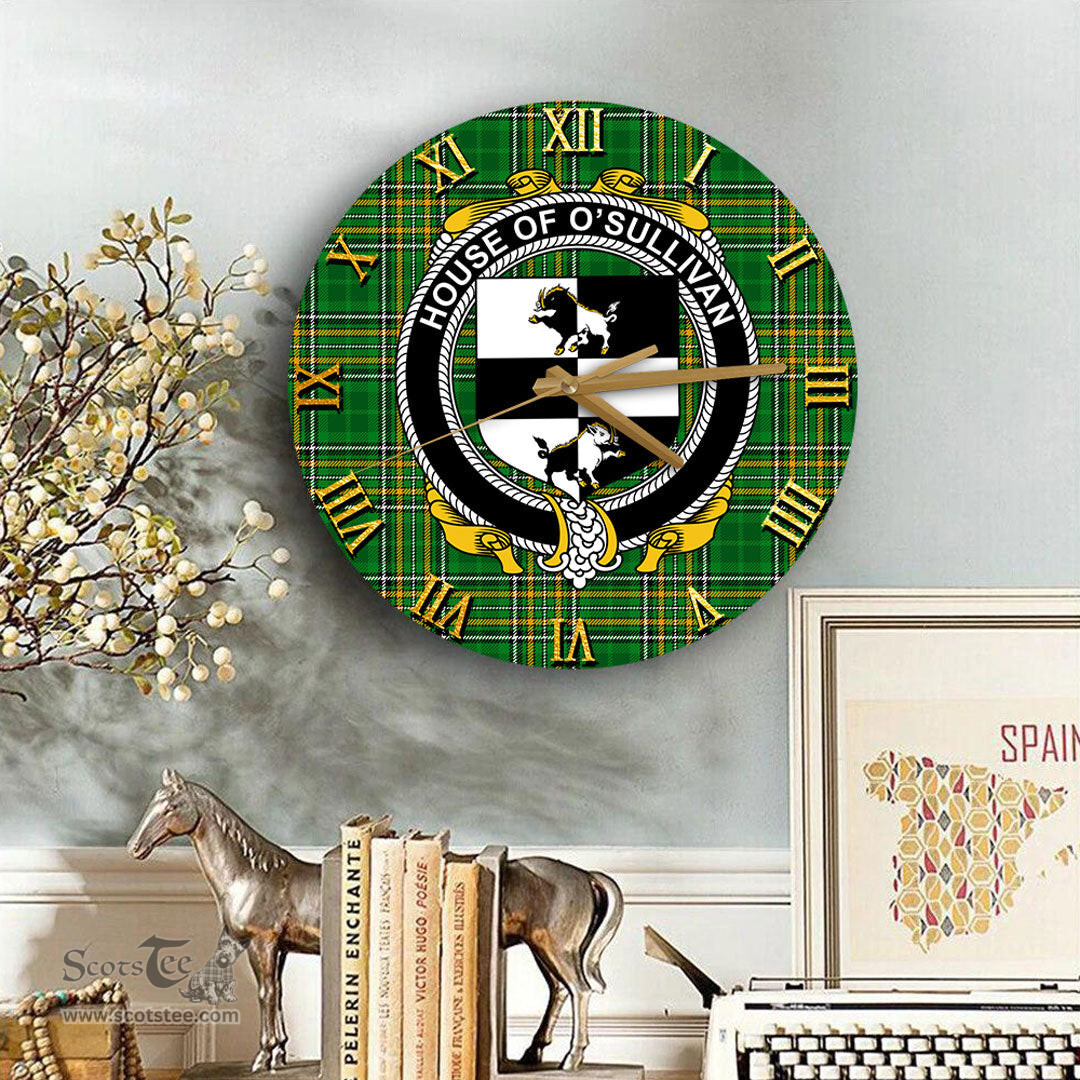ScotsTee Shop Irish House of O SULLIVAN Beare Coat of Arms Family Crest Ireland Wooden Wall Clock Irish National Tartan Irish County Wall Clocks