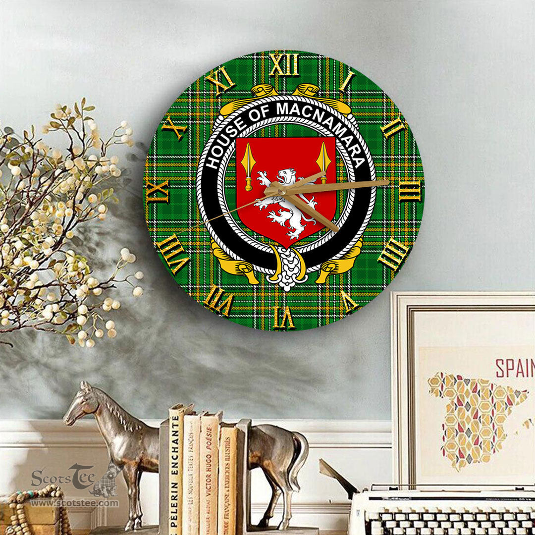 ScotsTee Shop Irish House of MACNAMARA Coat of Arms Family Crest Ireland Wooden Wall Clock Irish National Tartan Irish County Wall Clocks