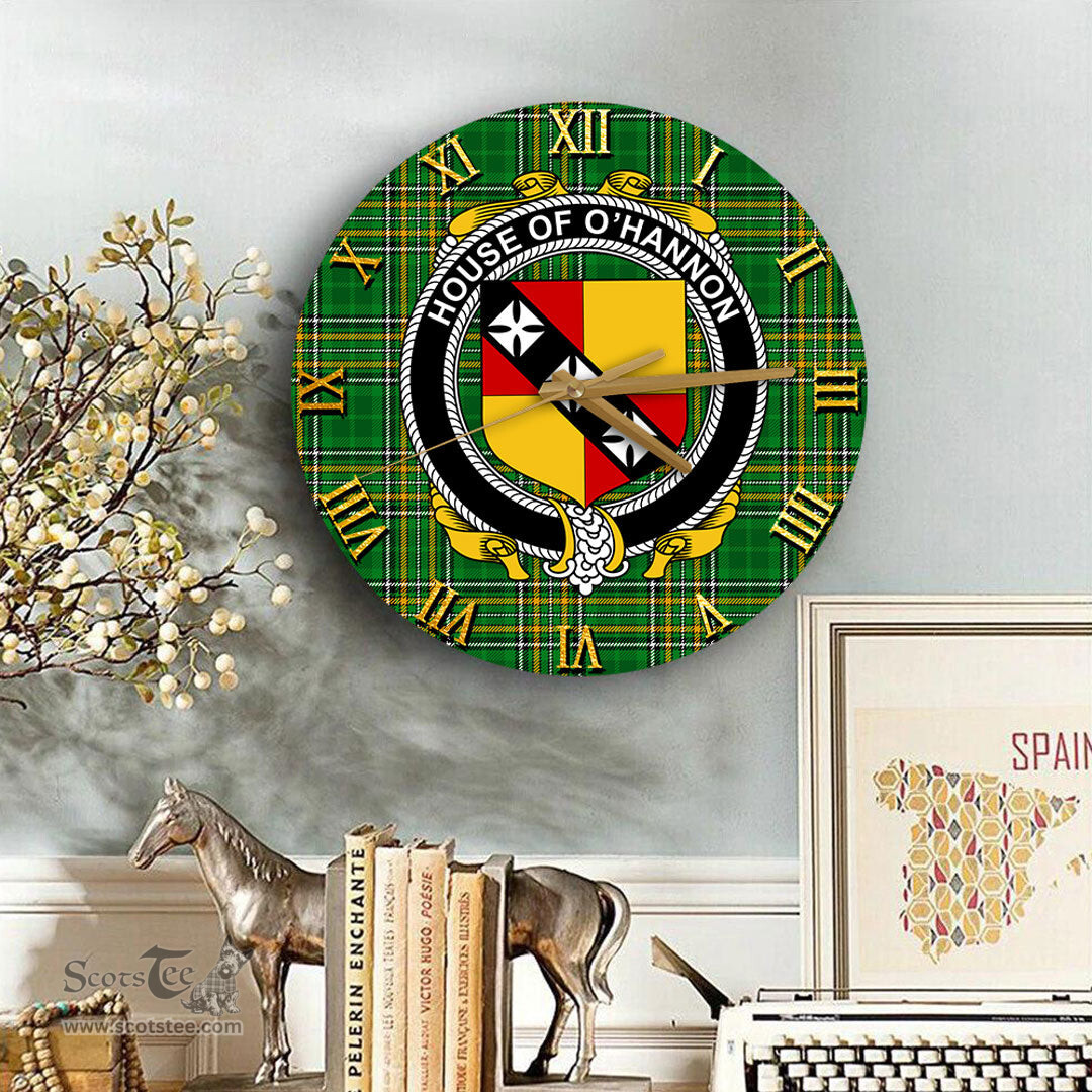 ScotsTee Shop Irish House of O HANNON Coat of Arms Family Crest Ireland Wooden Wall Clock Irish National Tartan Irish County Wall Clocks