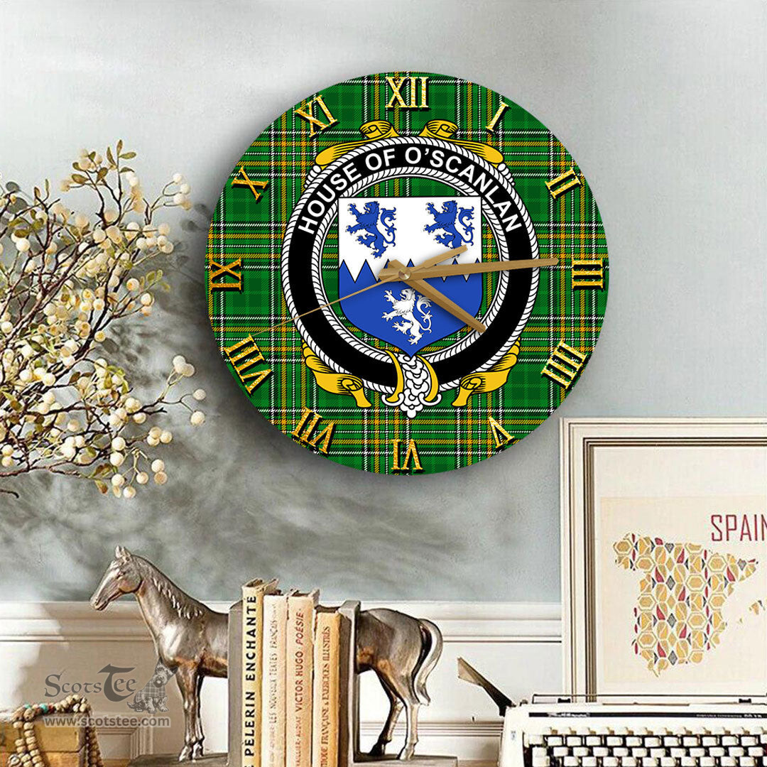 ScotsTee Shop Irish House of O SCANLAN Munster Coat of Arms Family Crest Ireland Wooden Wall Clock Irish National Tartan Irish County Wall Clocks