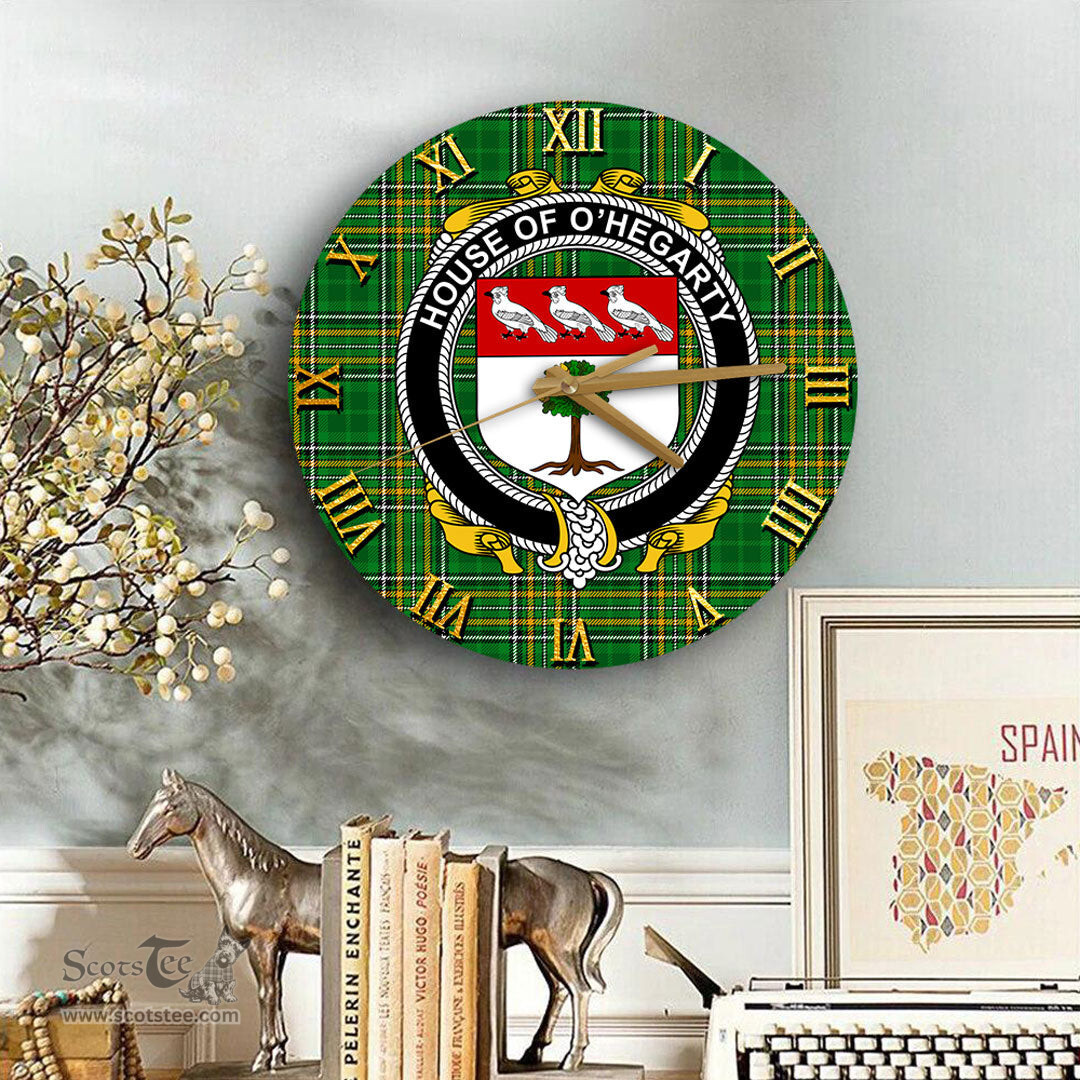 ScotsTee Shop Irish House of O HEGARTY Coat of Arms Family Crest Ireland Wooden Wall Clock Irish National Tartan Irish County Wall Clocks
