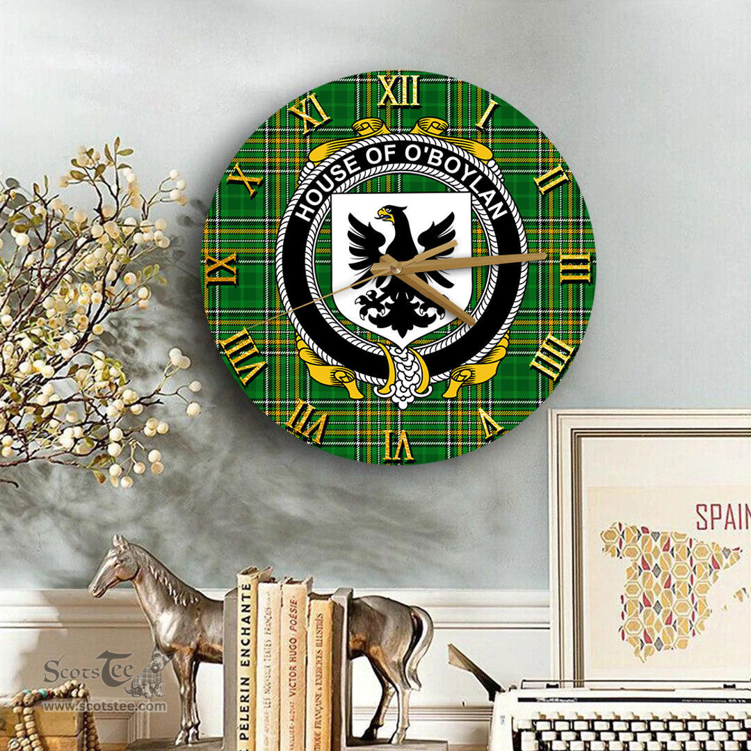 ScotsTee Shop Irish House of O BOYLAND Coat of Arms Family Crest Ireland Wooden Wall Clock Irish National Tartan Irish County Wall Clocks