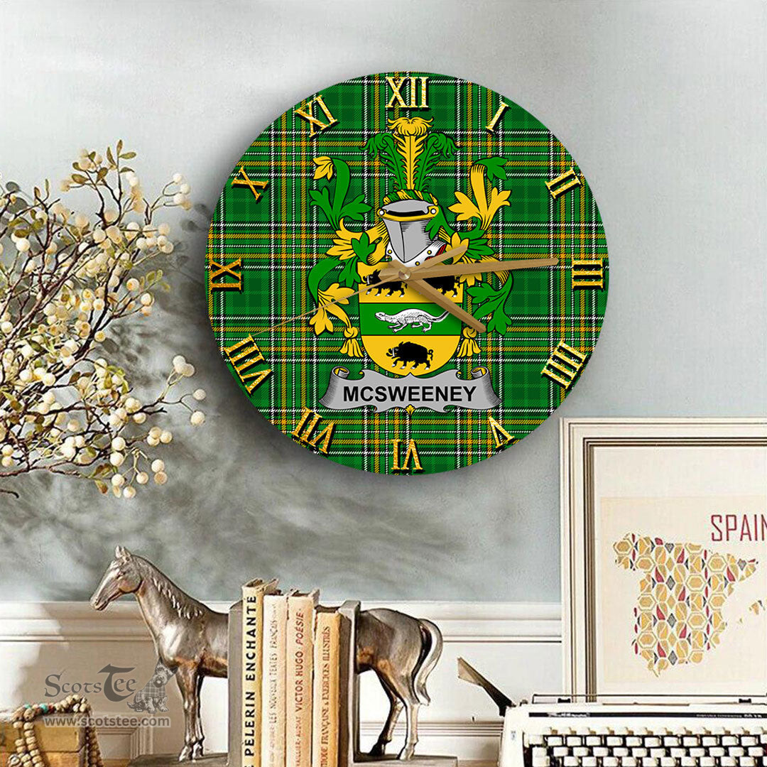 ScotsTee Shop Irish McSweeney Coat of Arms Family Crest Ireland Wooden Wall Clock Irish National Tartan Irish County Wall Clocks