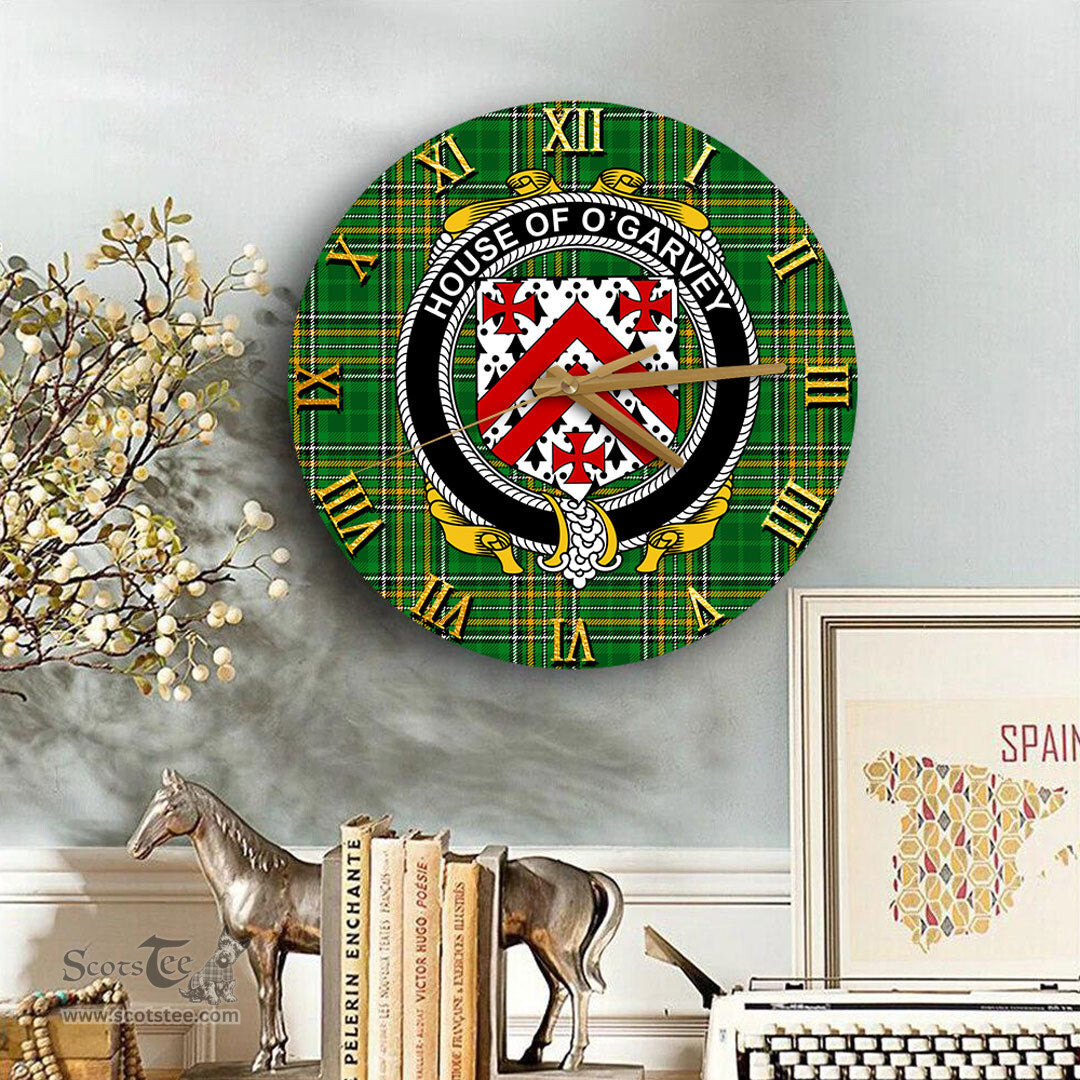 ScotsTee Shop Irish House of O GARVEY Coat of Arms Family Crest Ireland Wooden Wall Clock Irish National Tartan Irish County Wall Clocks