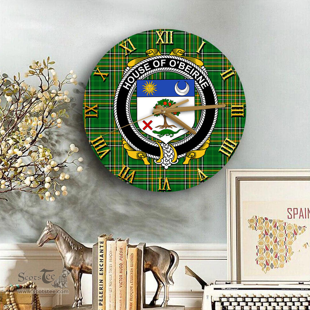 ScotsTee Shop Irish House of O BEIRNE Coat of Arms Family Crest Ireland Wooden Wall Clock Irish National Tartan Irish County Wall Clocks
