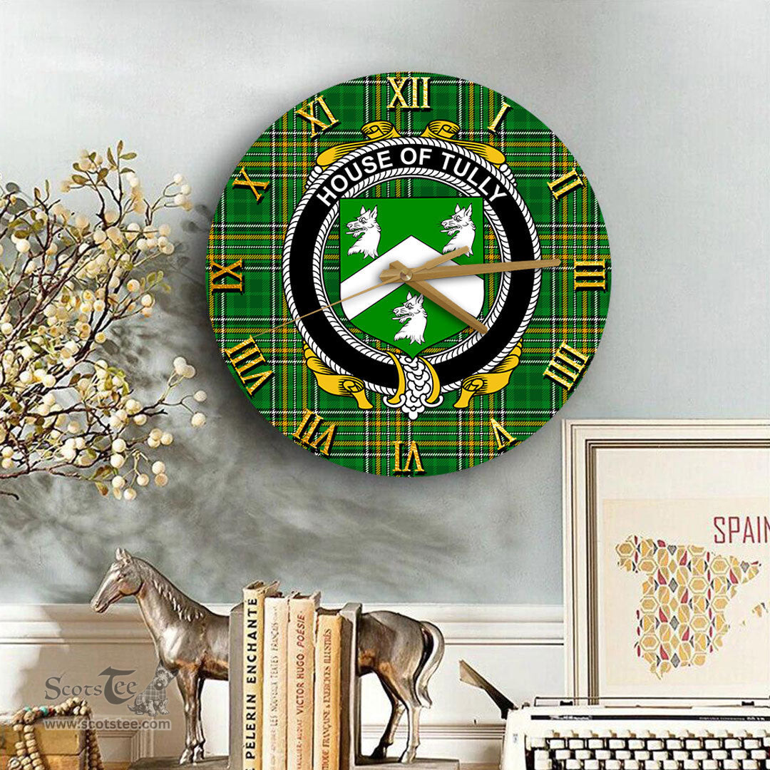 ScotsTee Shop Irish House of TULLY MACATILLA Coat of Arms Family Crest Ireland Wooden Wall Clock Irish National Tartan Irish County Wall Clocks