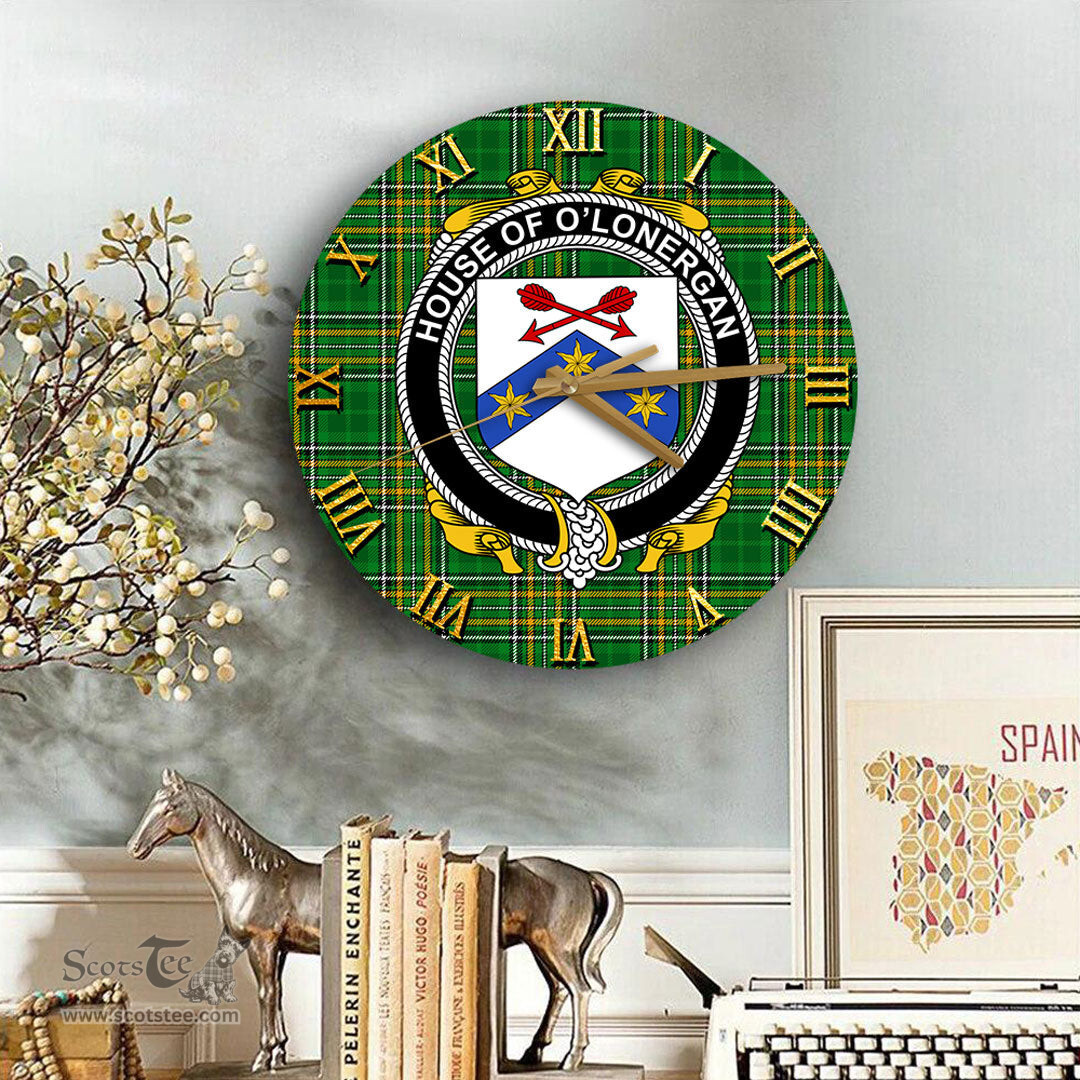 ScotsTee Shop Irish House of O LONERGAN Coat of Arms Family Crest Ireland Wooden Wall Clock Irish National Tartan Irish County Wall Clocks