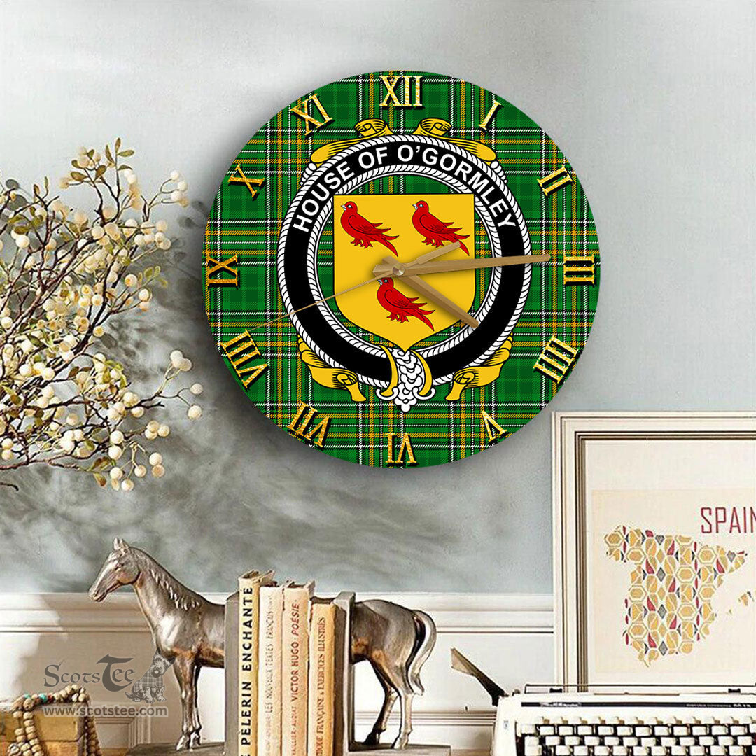 ScotsTee Shop Irish House of O GORMLEY Coat of Arms Family Crest Ireland Wooden Wall Clock Irish National Tartan Irish County Wall Clocks