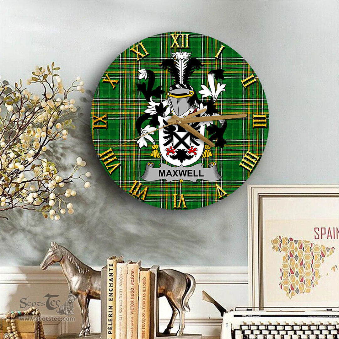 ScotsTee Shop Irish Maxwell Coat of Arms Family Crest Ireland Wooden Wall Clock Irish National Tartan Irish County Wall Clocks