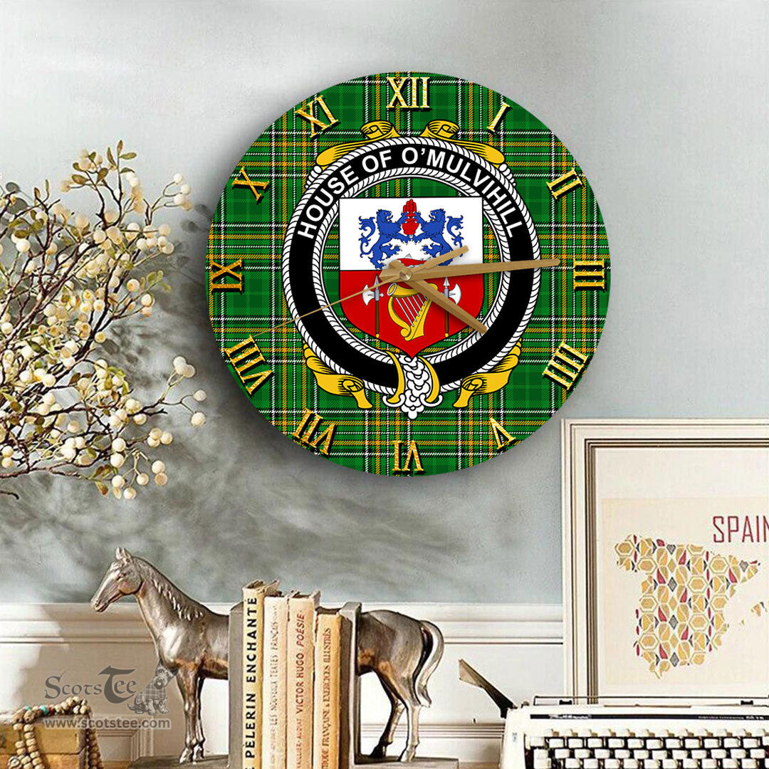 ScotsTee Shop Irish House of O MULVIHILL Coat of Arms Family Crest Ireland Wooden Wall Clock Irish National Tartan Irish County Wall Clocks