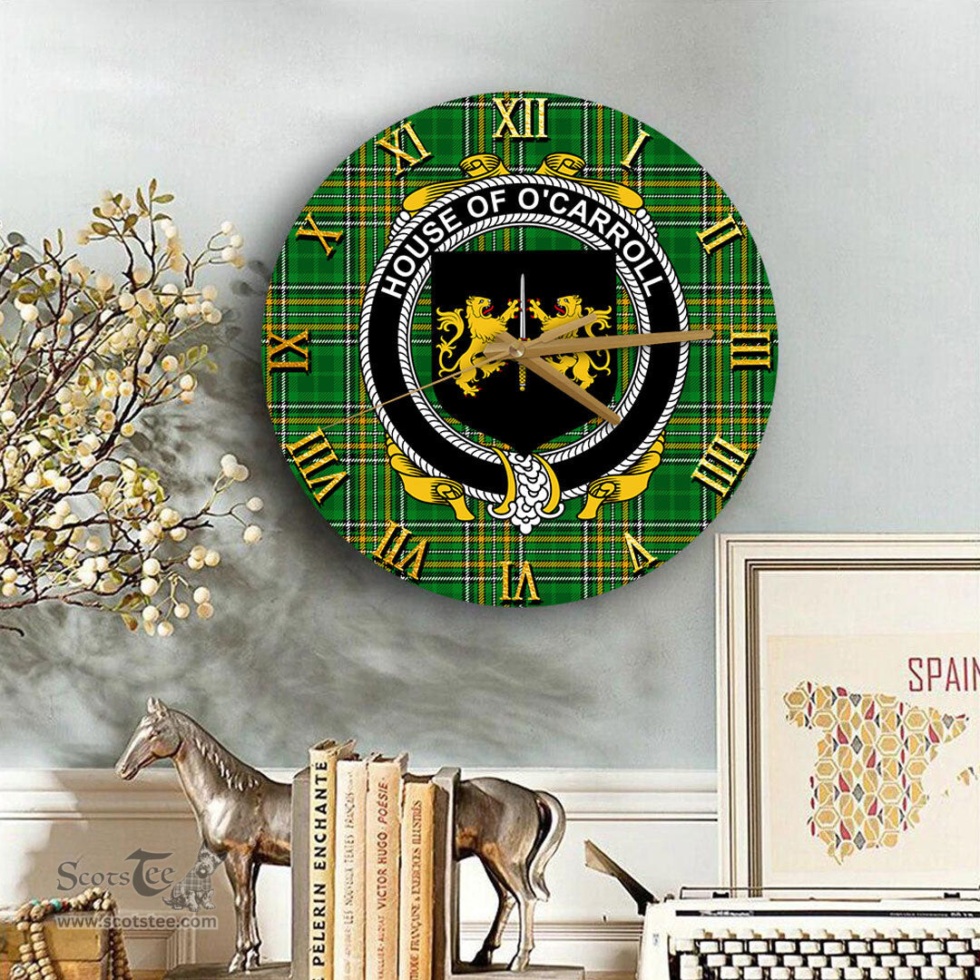 ScotsTee Shop Irish House of O CARROLL Coat of Arms Family Crest Ireland Wooden Wall Clock Irish National Tartan Irish County Wall Clocks