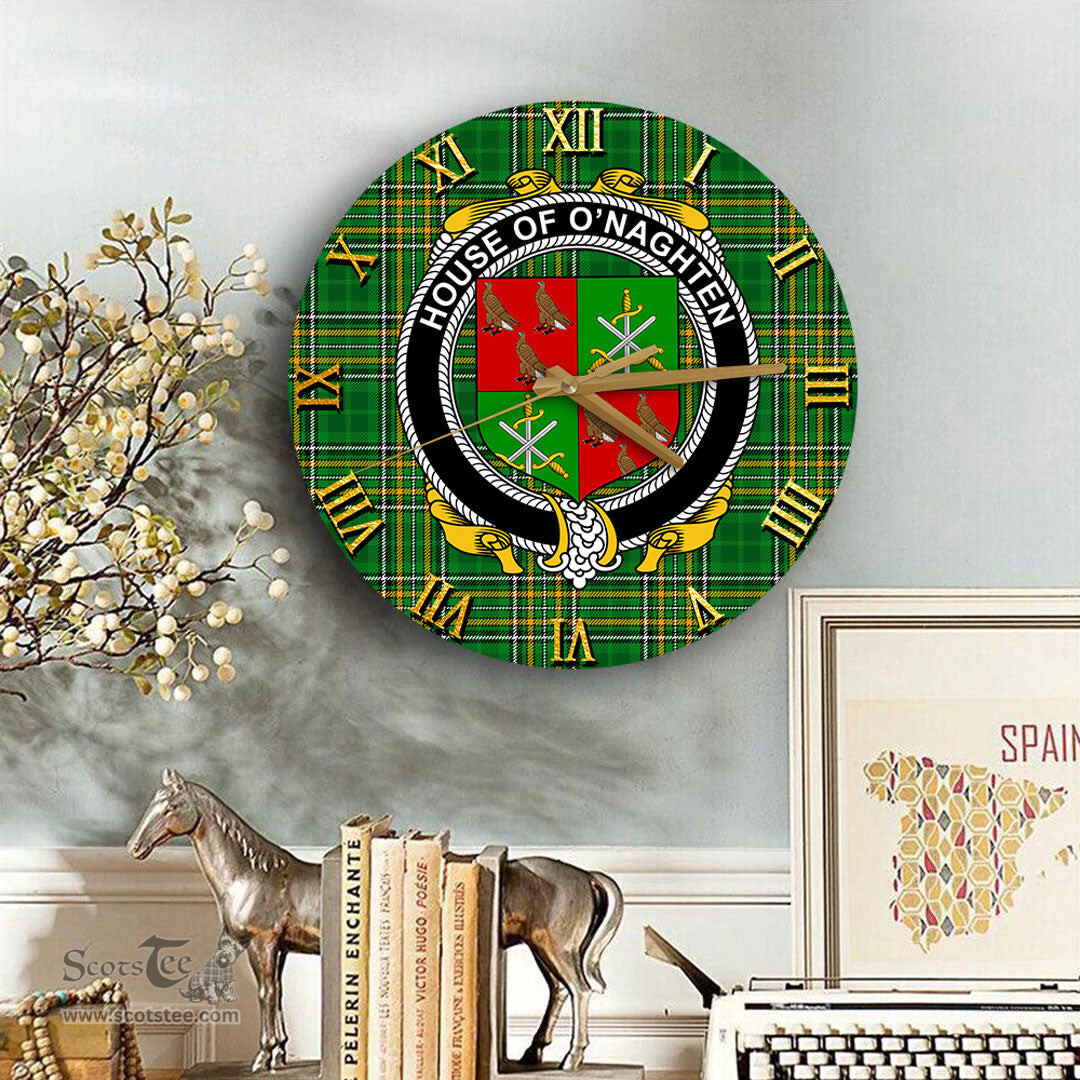 ScotsTee Shop Irish House of O NAGHTEN Coat of Arms Family Crest Ireland Wooden Wall Clock Irish National Tartan Irish County Wall Clocks