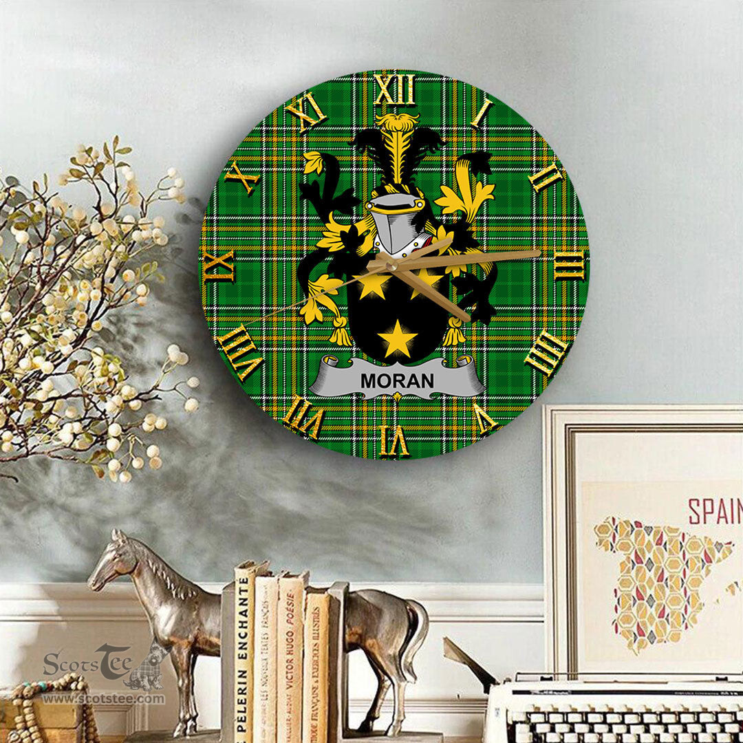 ScotsTee Shop Irish Moran or O Moran Coat of Arms Family Crest Ireland Wooden Wall Clock Irish National Tartan Irish County Wall Clocks