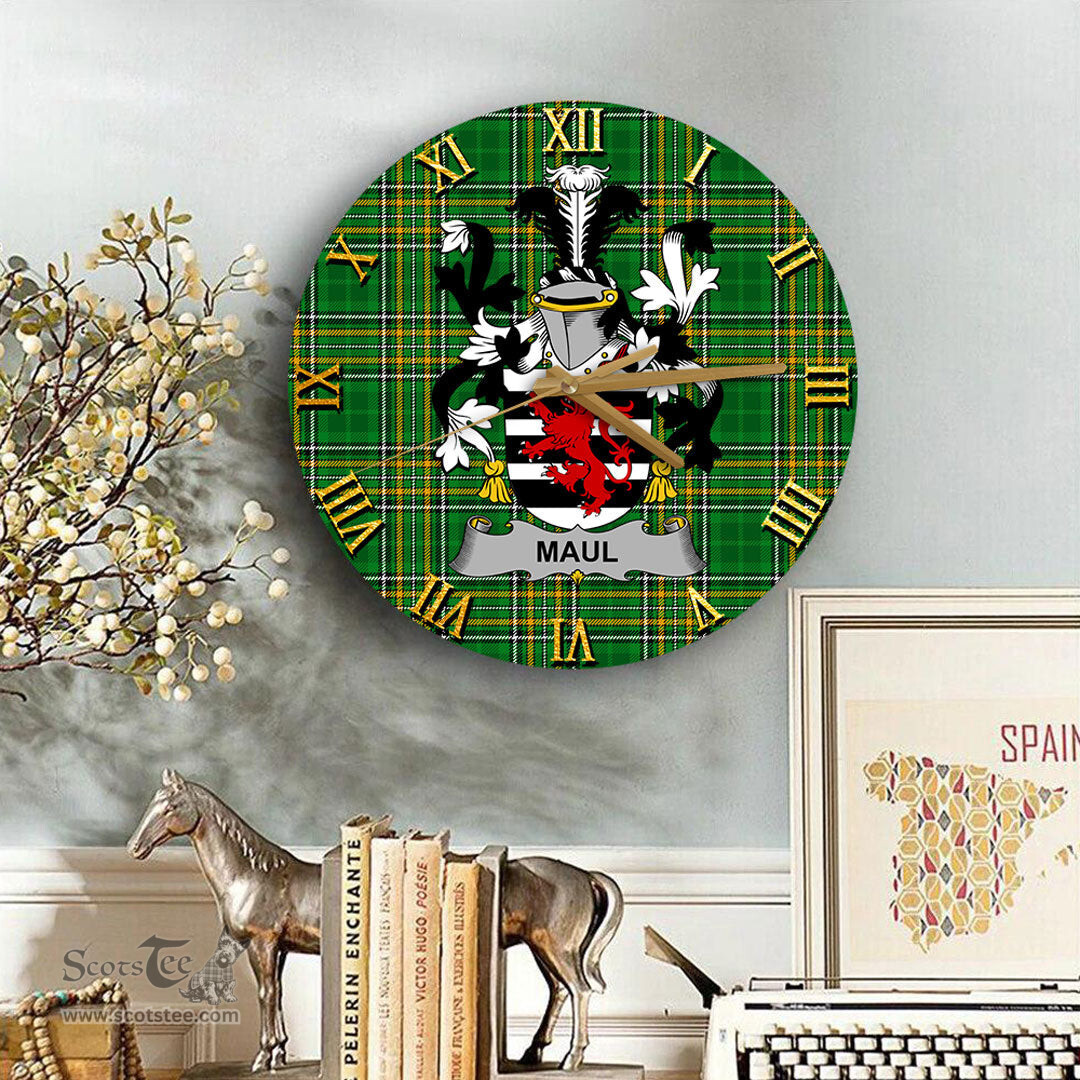 ScotsTee Shop Irish Maul or Maule Coat of Arms Family Crest Ireland Wooden Wall Clock Irish National Tartan Irish County Wall Clocks