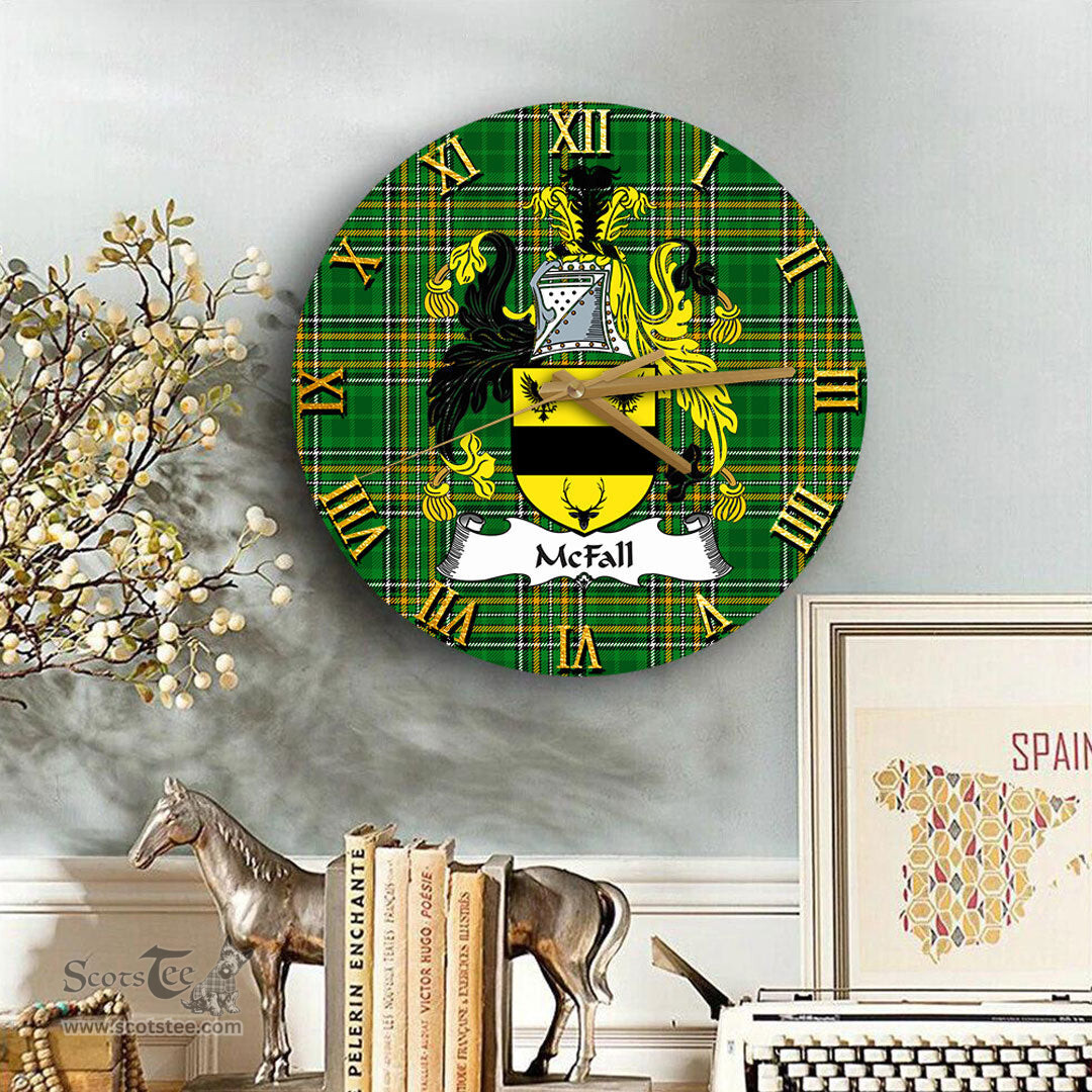 ScotsTee Shop Irish McFall Coat of Arms Family Crest Ireland Wooden Wall Clock Irish National Tartan Irish County Wall Clocks