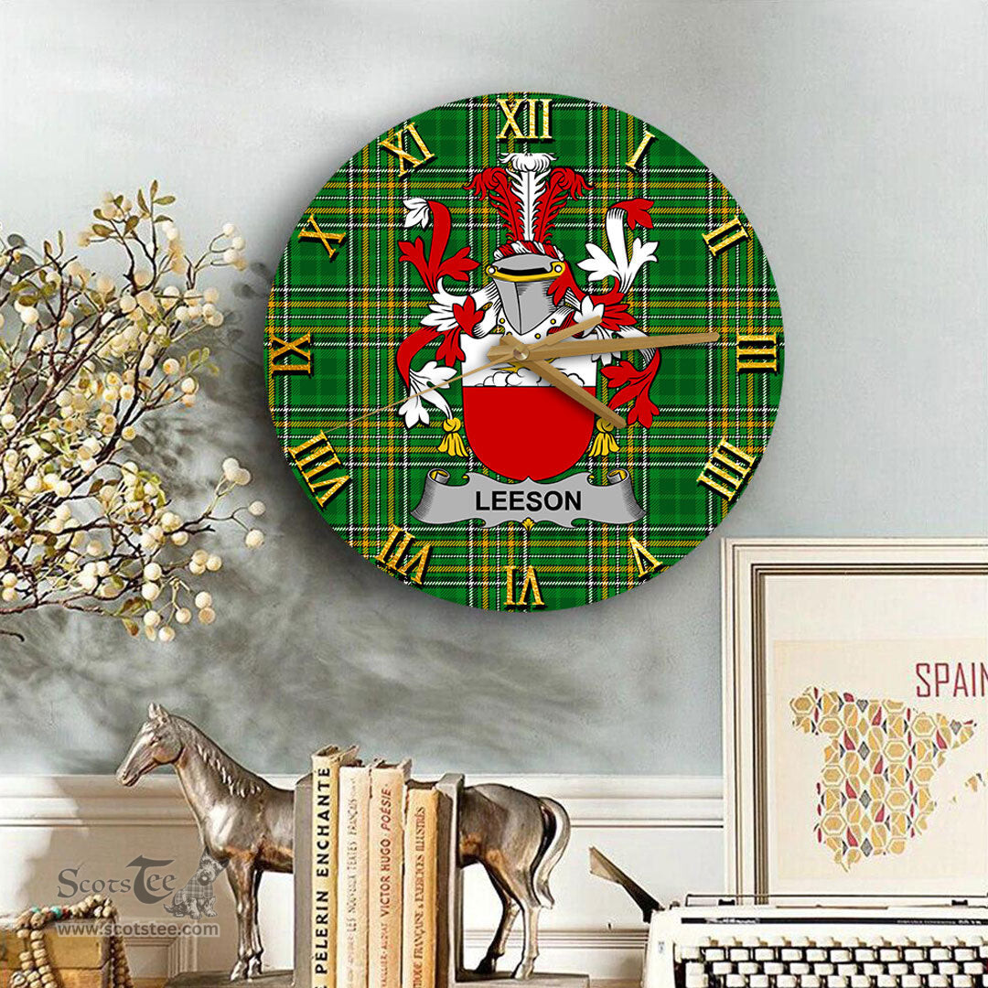 ScotsTee Shop Irish Leeson Coat of Arms Family Crest Ireland Wooden Wall Clock Irish National Tartan Irish County Wall Clocks