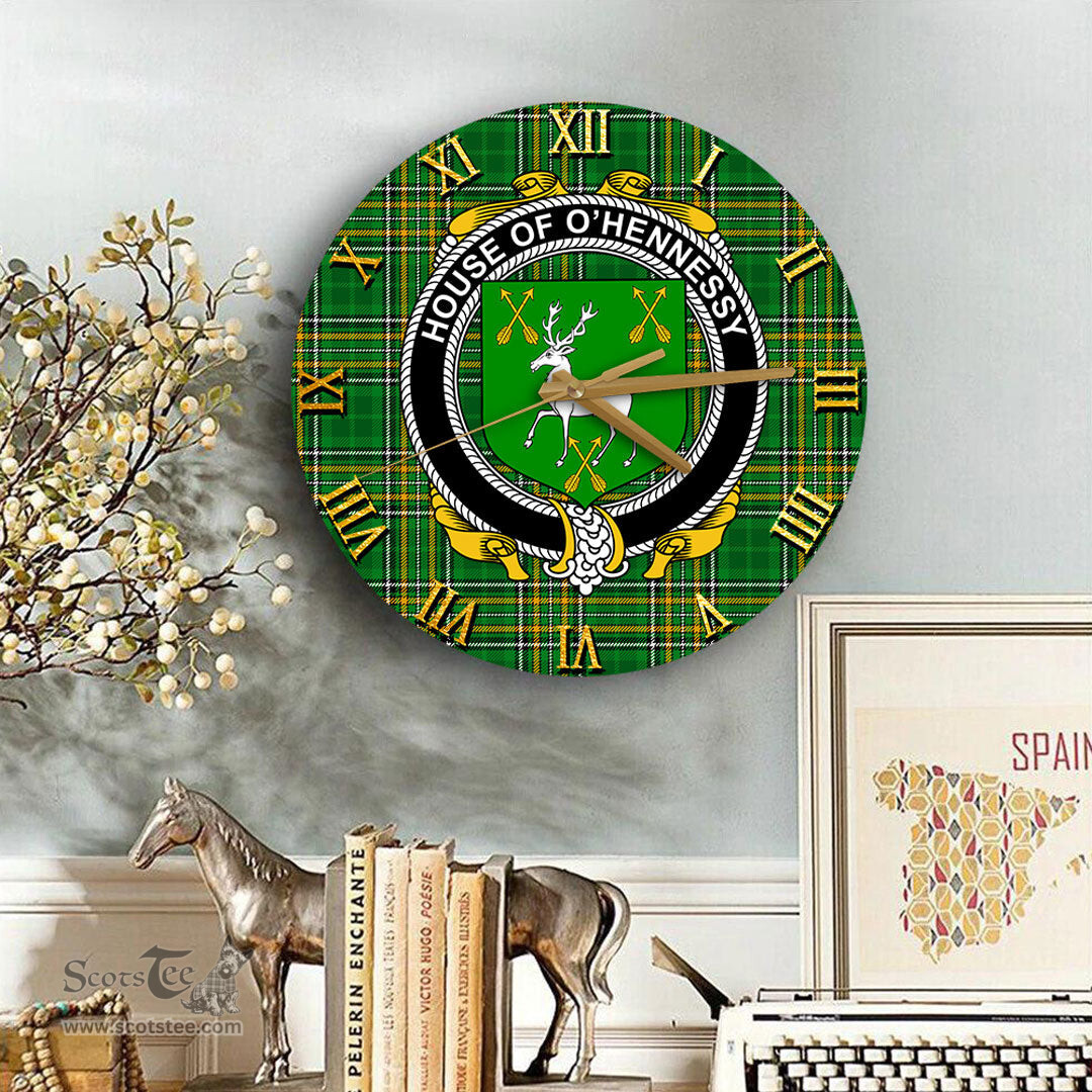 ScotsTee Shop Irish House of O HENNESSY Coat of Arms Family Crest Ireland Wooden Wall Clock Irish National Tartan Irish County Wall Clocks
