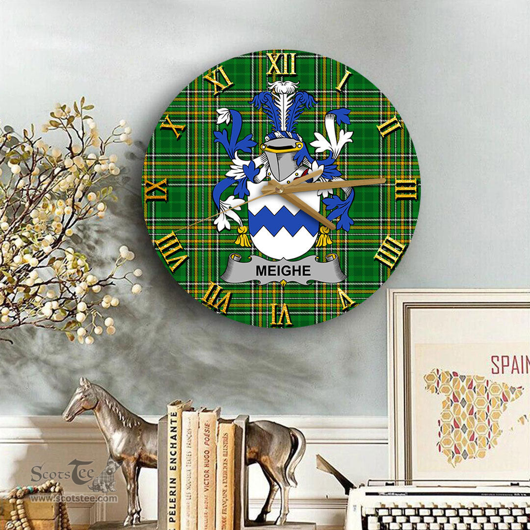 ScotsTee Shop Irish Meighe Coat of Arms Family Crest Ireland Wooden Wall Clock Irish National Tartan Irish County Wall Clocks